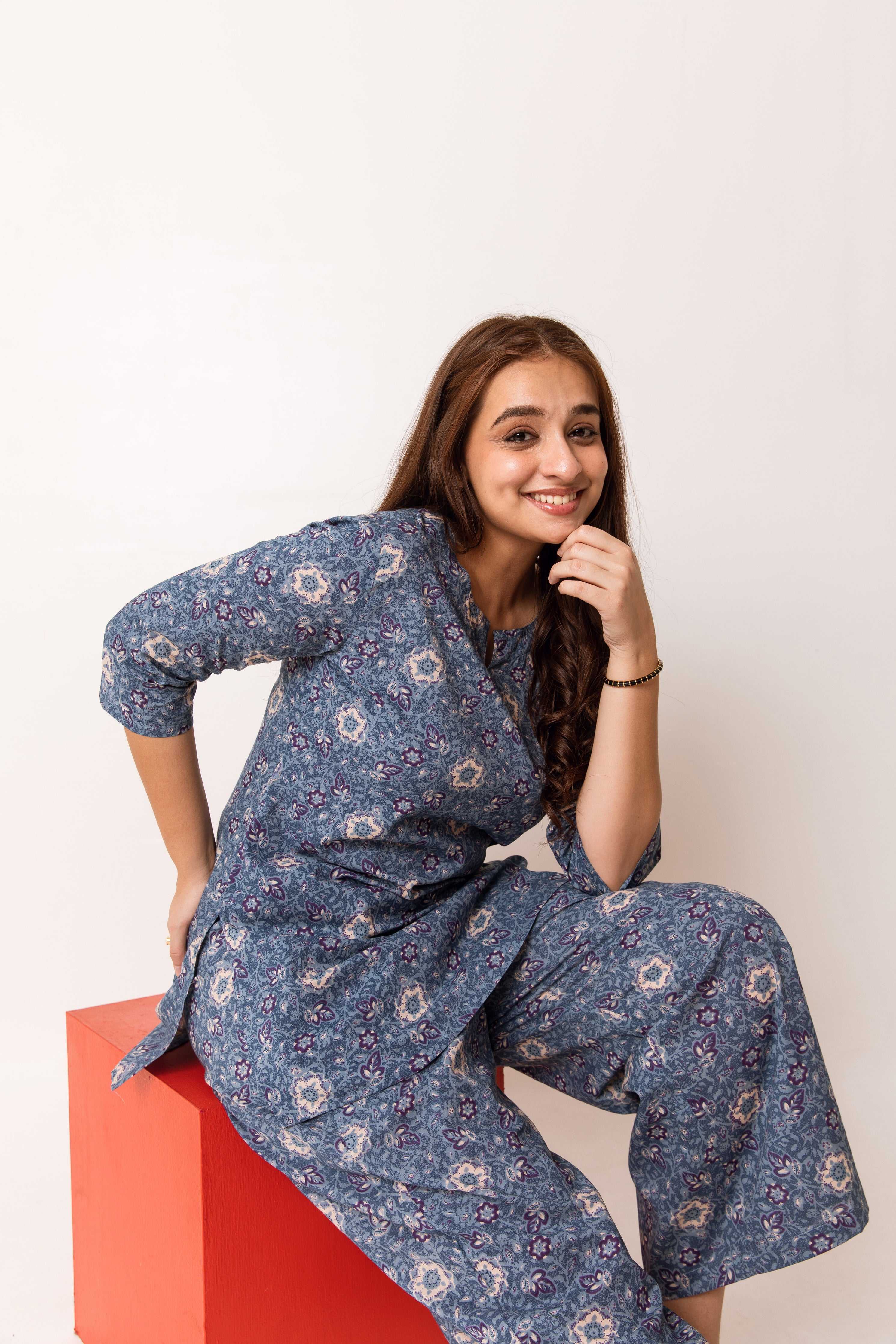 Blue Habutai Silk & Chiffon Printed Co-Ord Set
