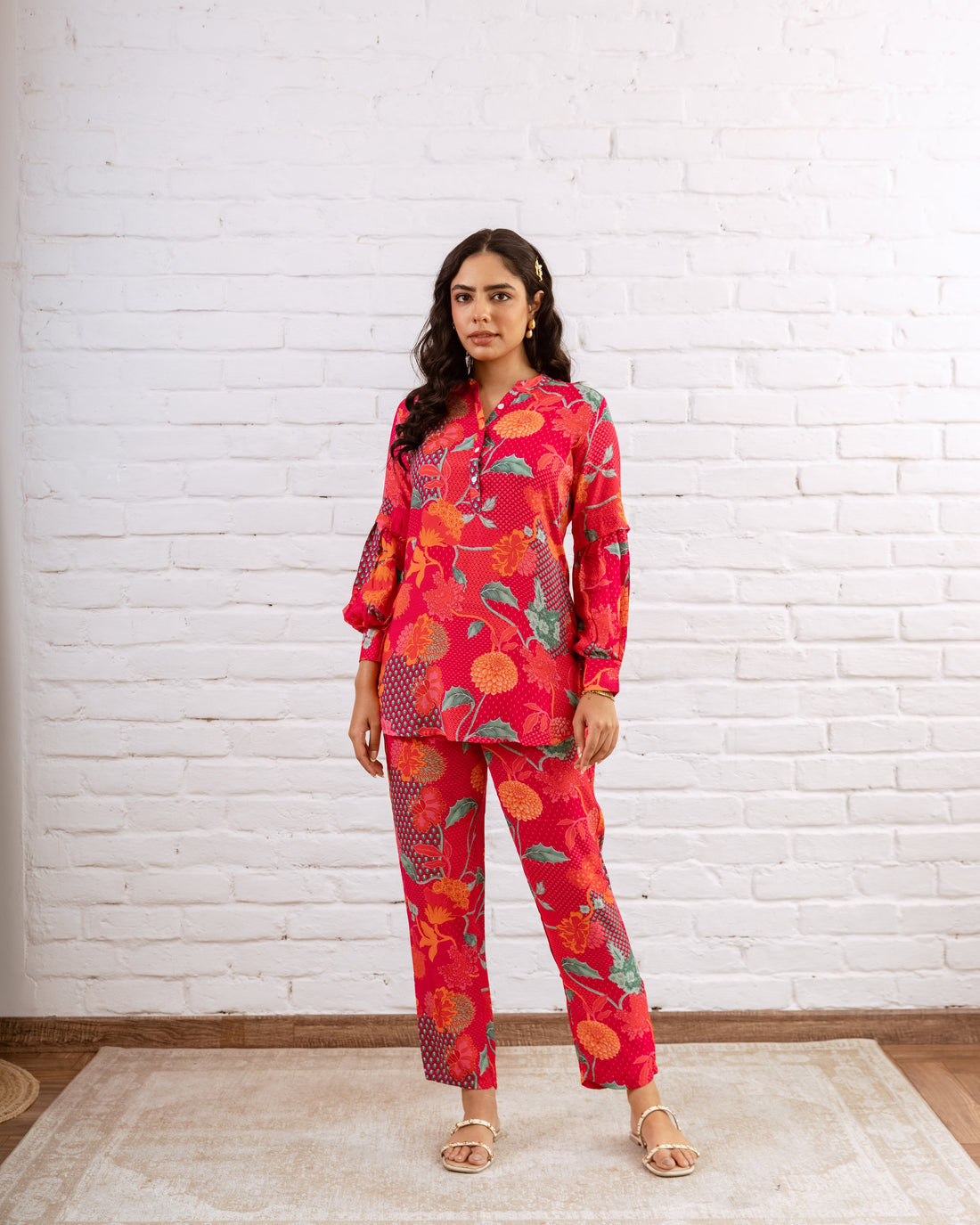 Vibrant Pink Muslin Abstract Floral Co-ord Set - Hukum Jaipur