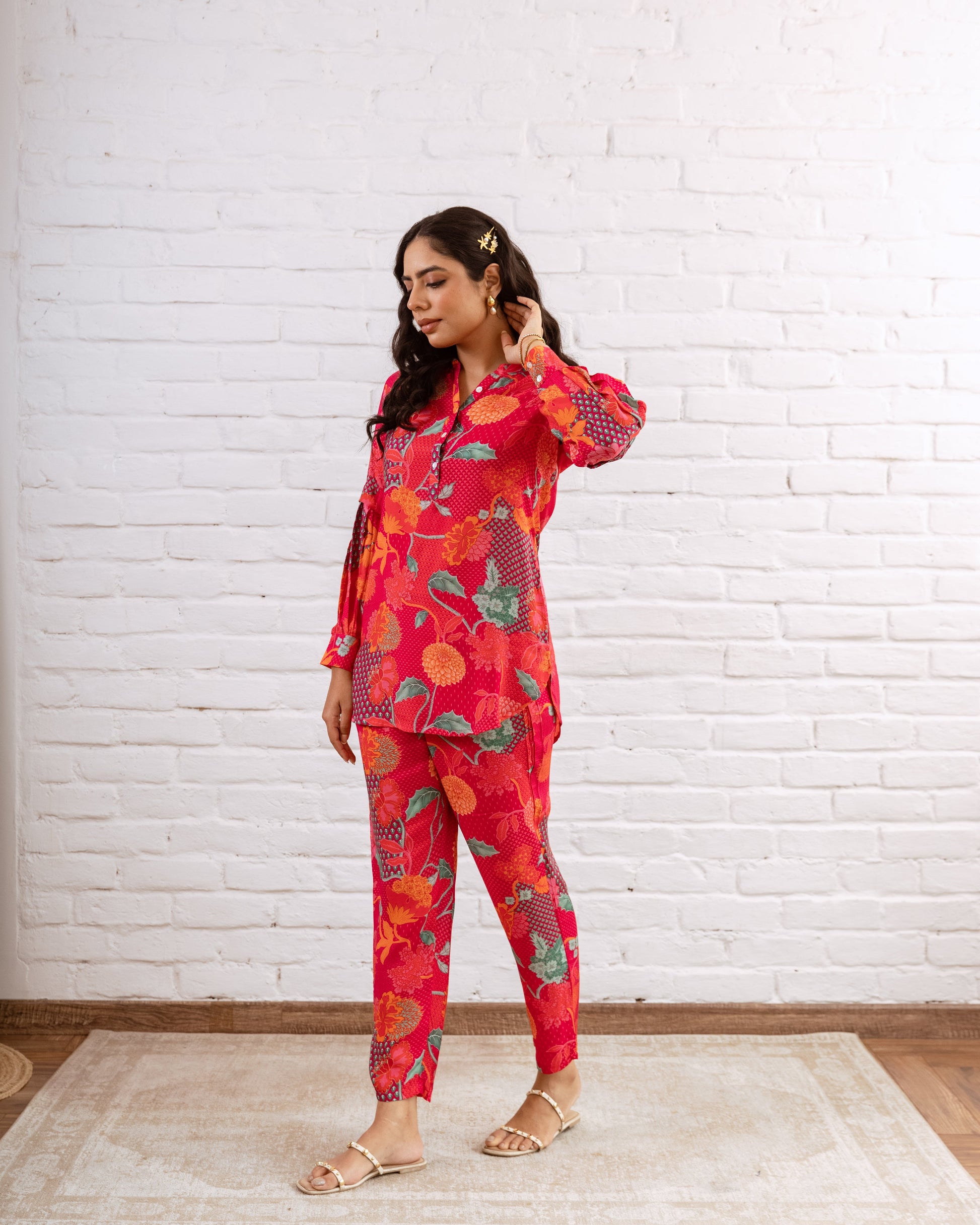 Vibrant Pink Muslin Abstract Floral Co-ord Set - Hukum Jaipur