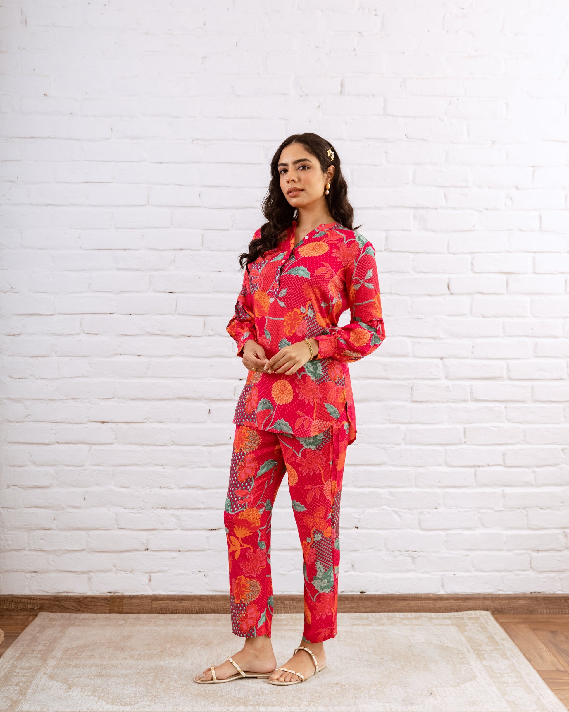 Vibrant Pink Muslin Abstract Floral Co-ord Set - Hukum Jaipur