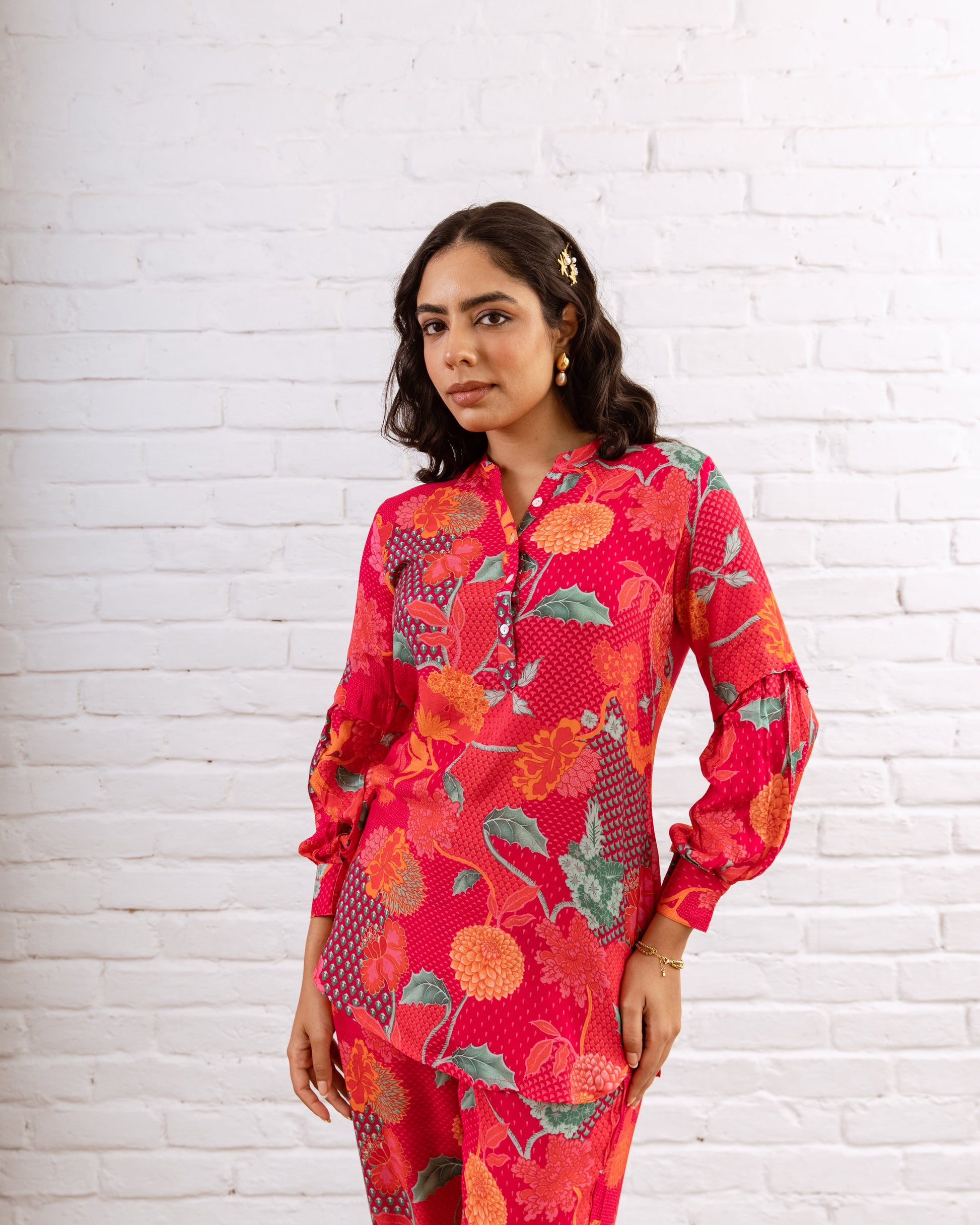 Vibrant Pink Muslin Abstract Floral Co-ord Set - Hukum Jaipur