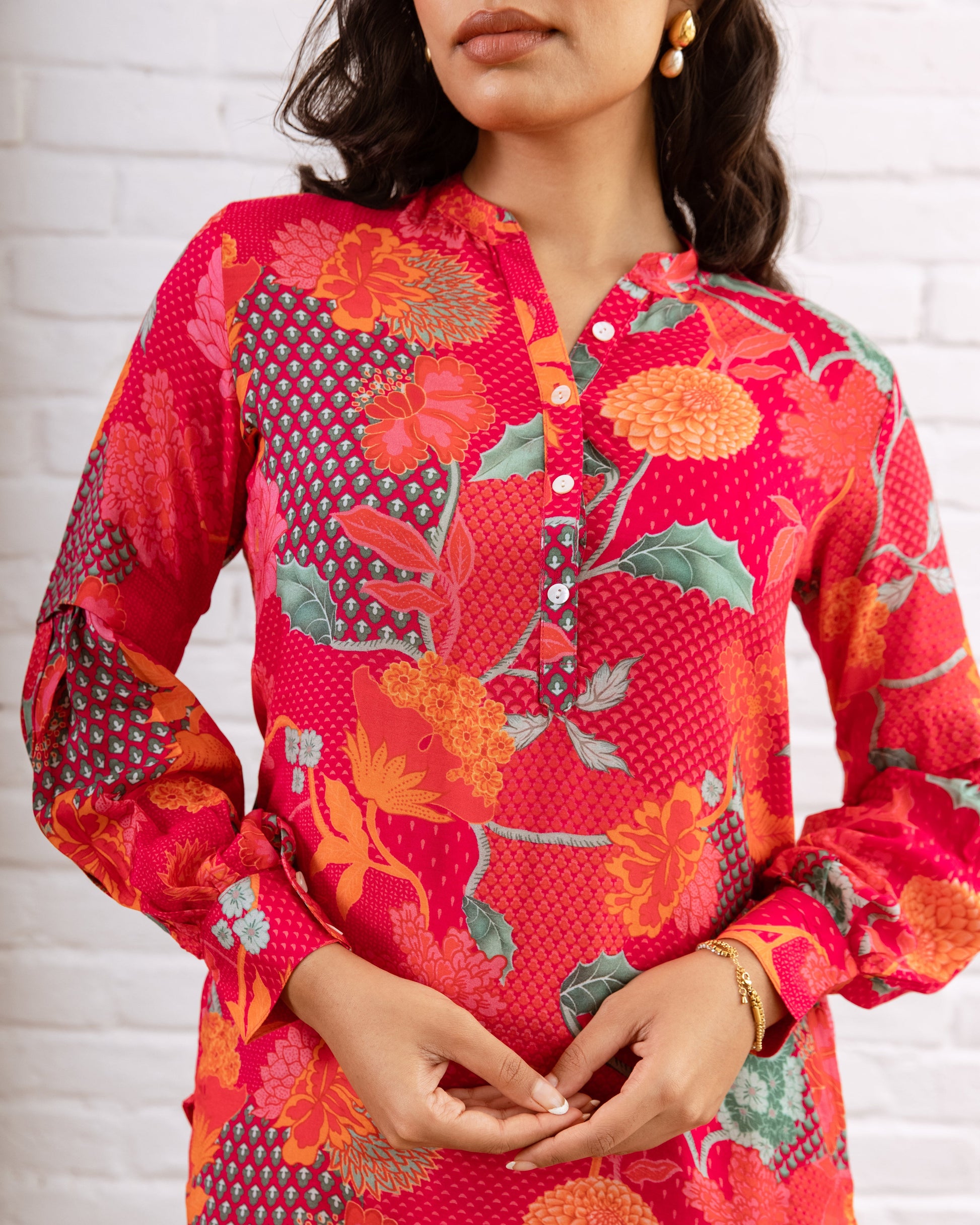 Vibrant Pink Muslin Abstract Floral Co-ord Set - Hukum Jaipur