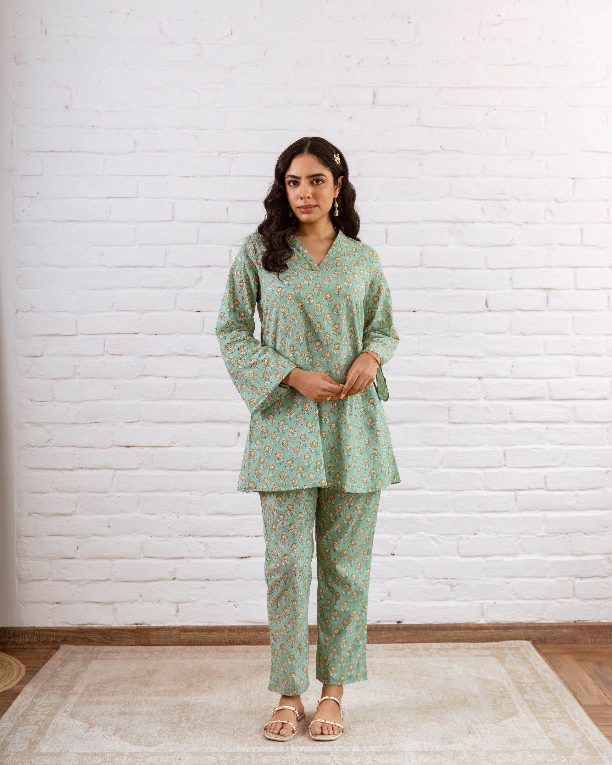 Serene Green Floral Cotton Co-ord Set – Blooming Style - Hukum Jaipur