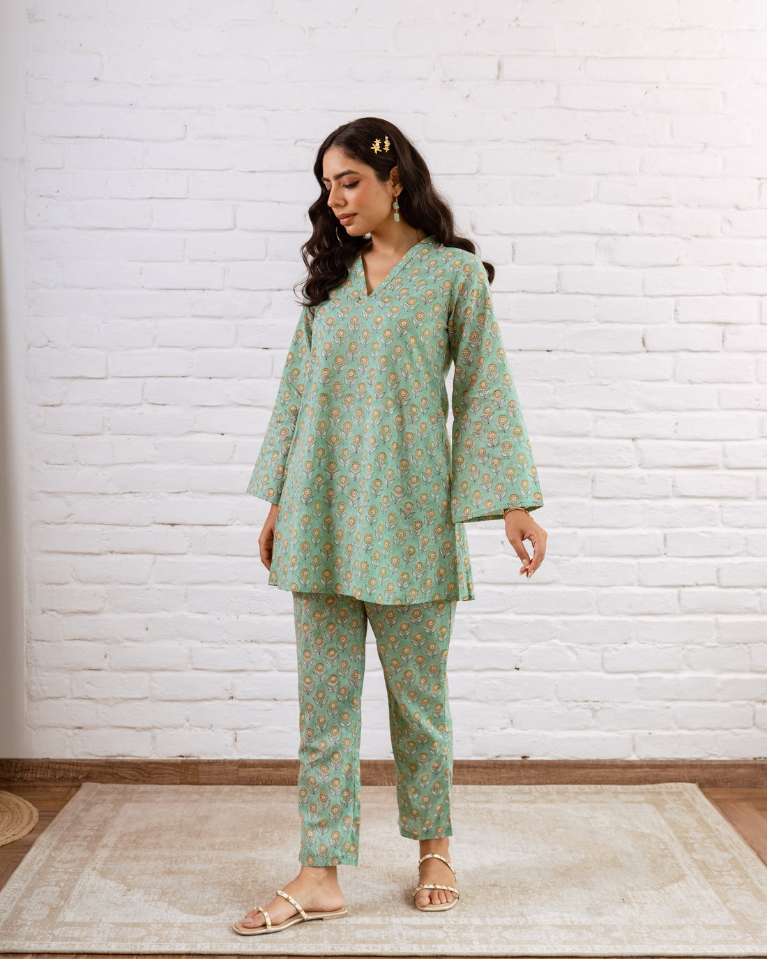 Serene Green Floral Cotton Co-ord Set – Blooming Style - Hukum Jaipur