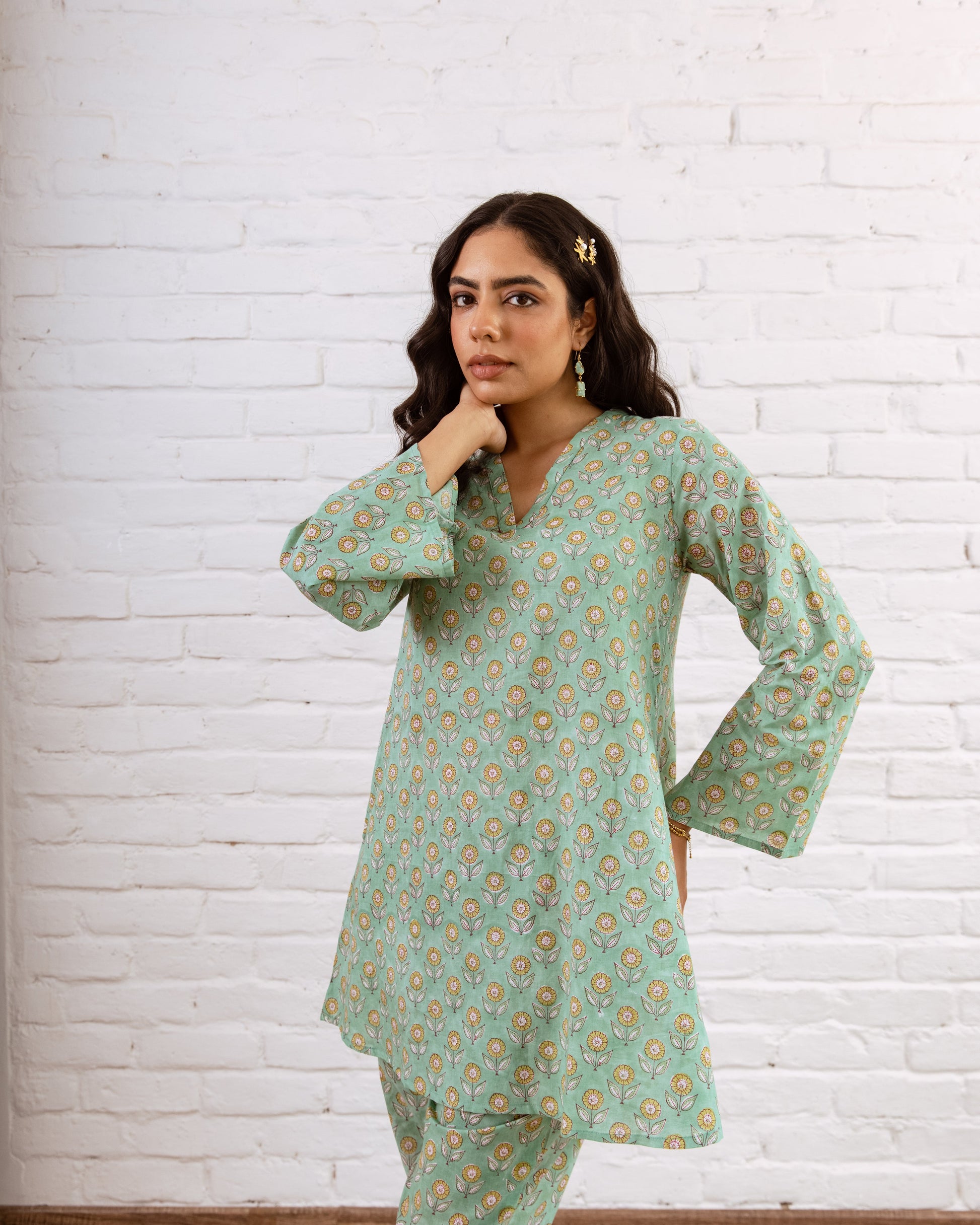 Serene Green Floral Cotton Co-ord Set – Blooming Style - Hukum Jaipur