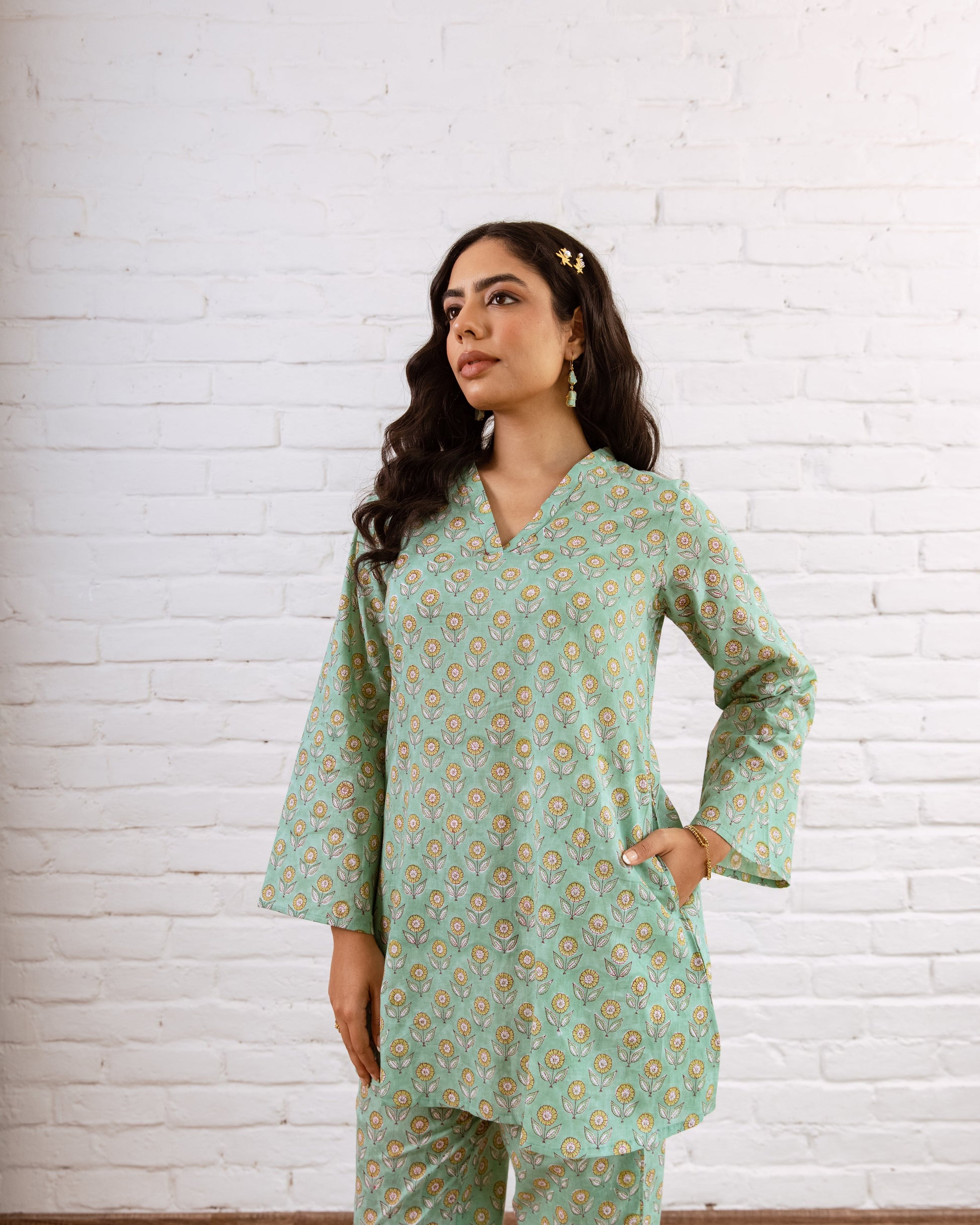 Serene Green Floral Cotton Co-ord Set – Blooming Style - Hukum Jaipur