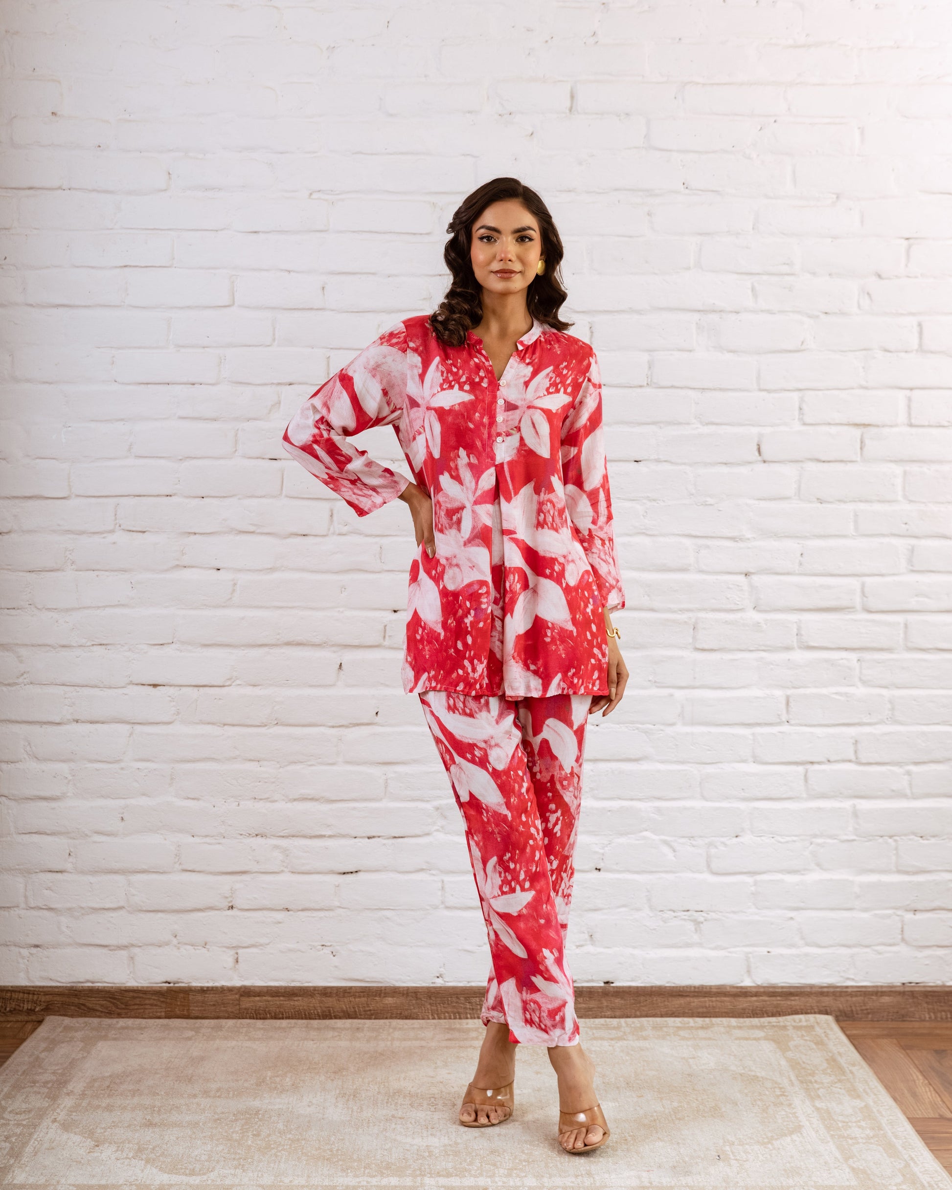 Whimsical Bloomy Red Floral Muslin Co-ord Set - Hukum Jaipur