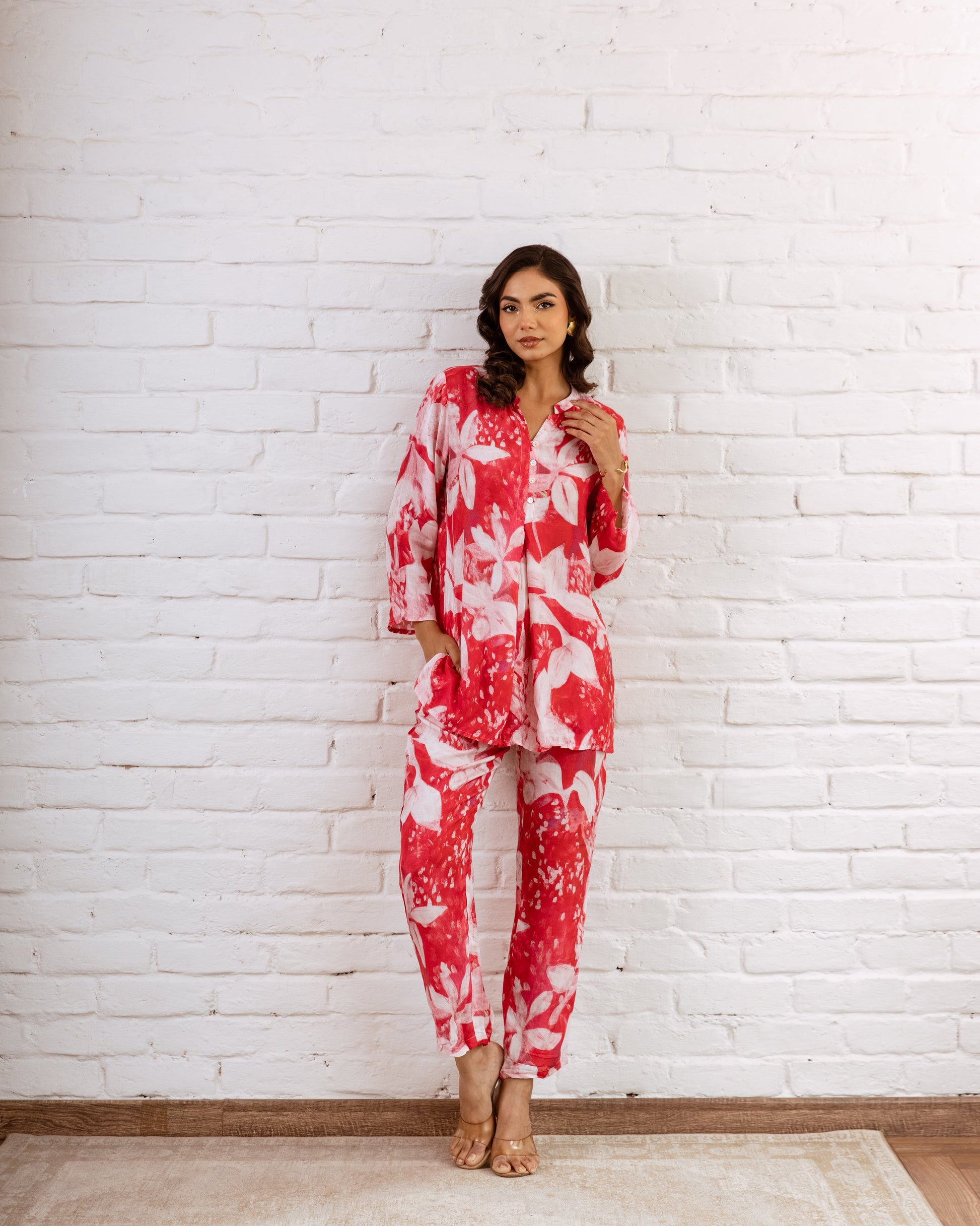 Whimsical Bloomy Red Floral Muslin Co-ord Set - Hukum Jaipur