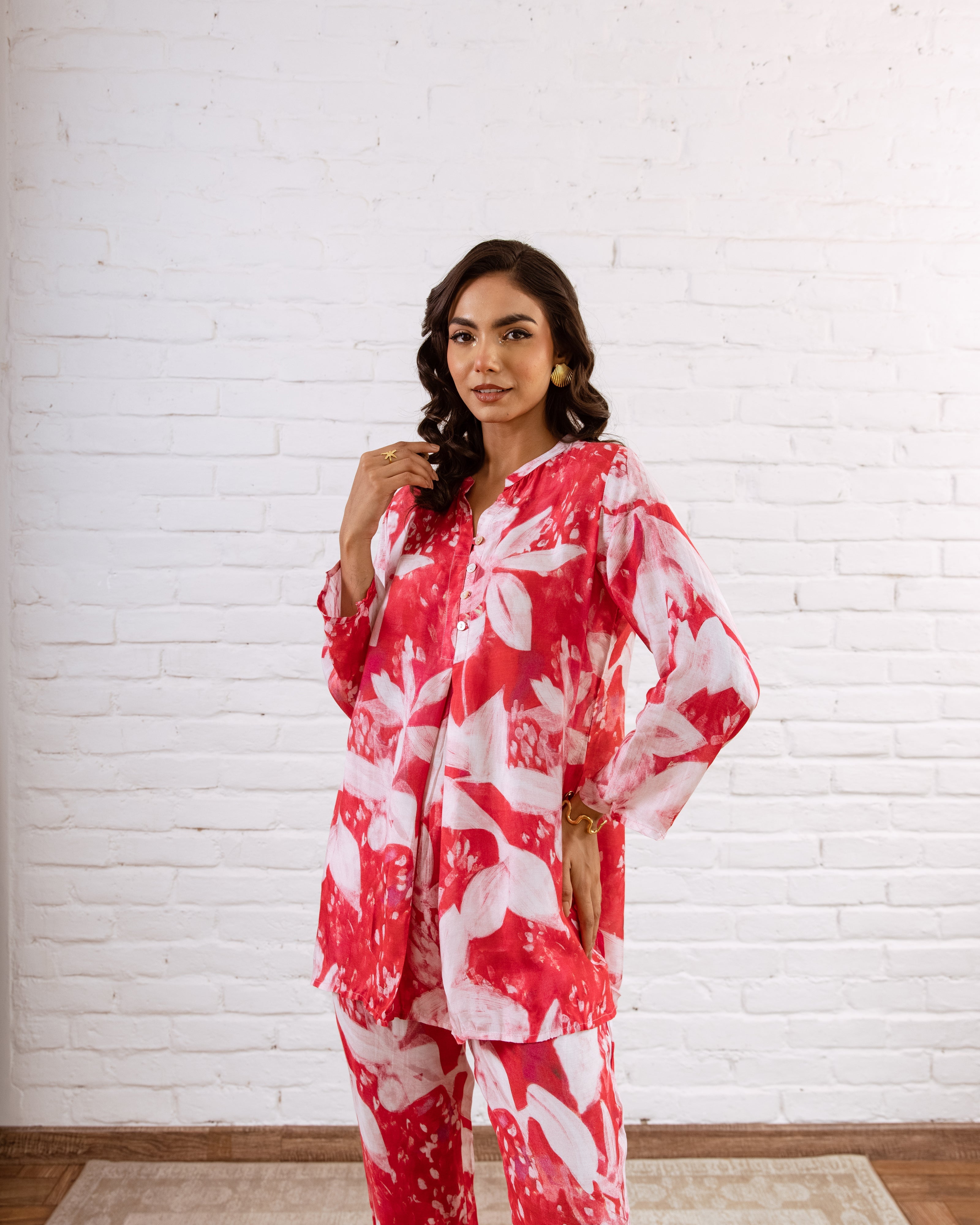 Whimsical Bloomy Red Floral Muslin Co ord Set Hukum Jaipur