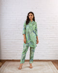 Ethereal Greens: Abstract Muslin Semi-Shirt Co-ord Set - Hukum Jaipur