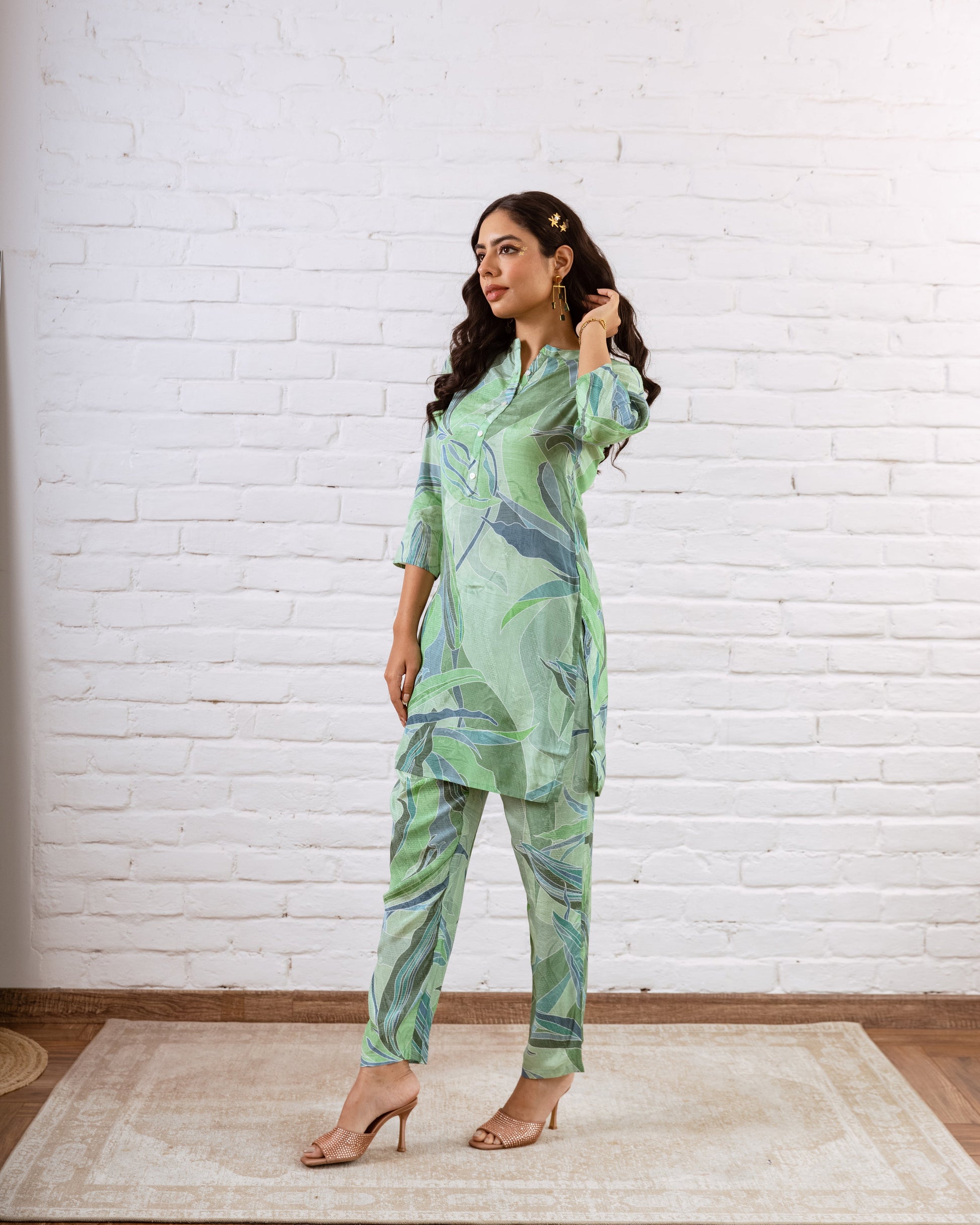 Ethereal Greens: Abstract Muslin Semi-Shirt Co-ord Set - Hukum Jaipur