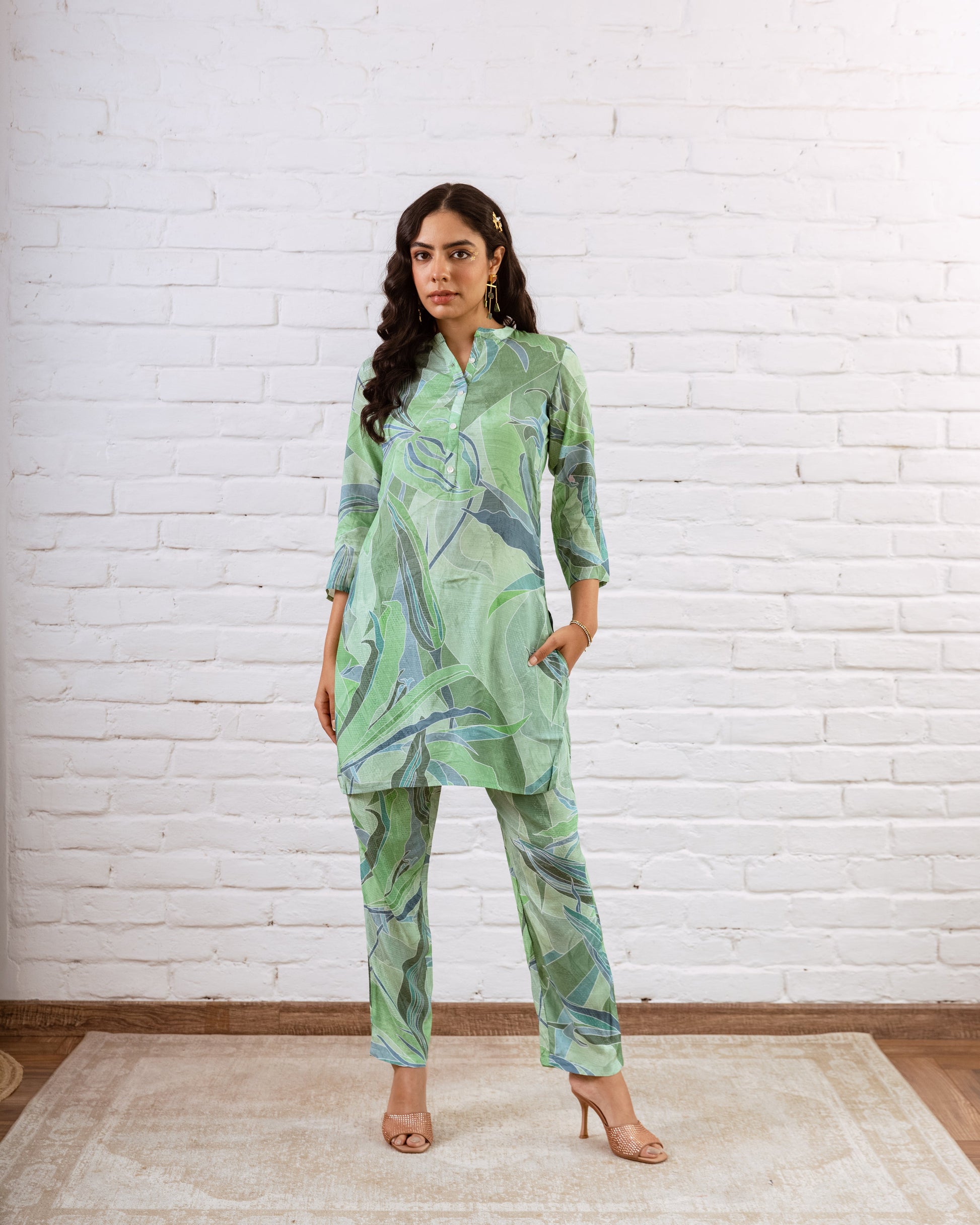 Ethereal Greens: Abstract Muslin Semi-Shirt Co-ord Set - Hukum Jaipur