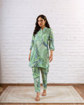 Ethereal Greens: Abstract Muslin Semi-Shirt Co-ord Set - Hukum Jaipur