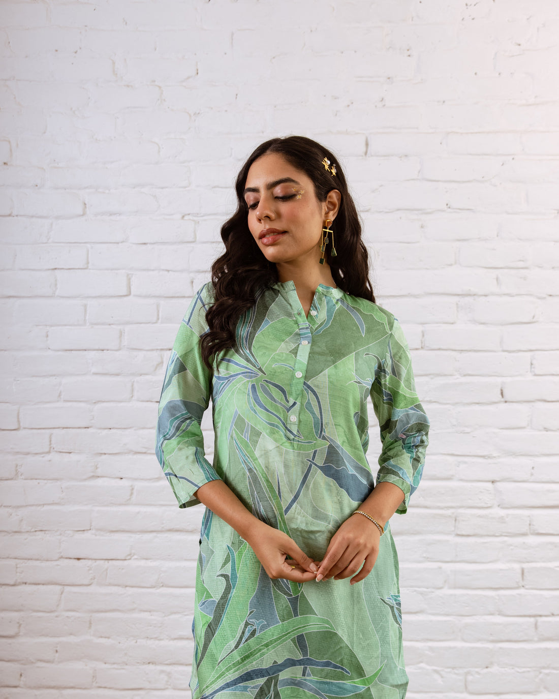 Ethereal Greens: Abstract Muslin Semi-Shirt Co-ord Set - Hukum Jaipur