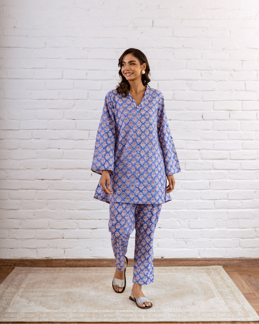 Ethereal Blue Cotton Co-ord Set with Botanical Patterns – Fresh and Stylish - Hukum Jaipur