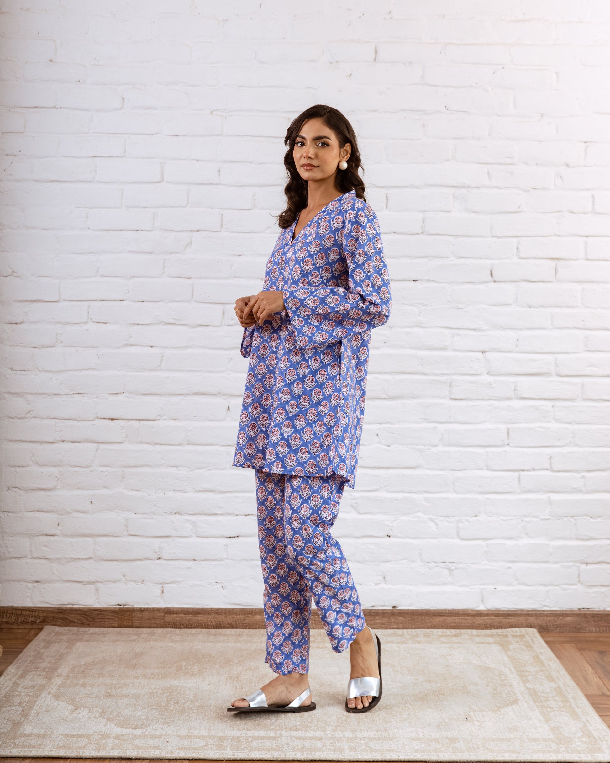 Ethereal Blue Cotton Co-ord Set with Botanical Patterns – Fresh and Stylish - Hukum Jaipur