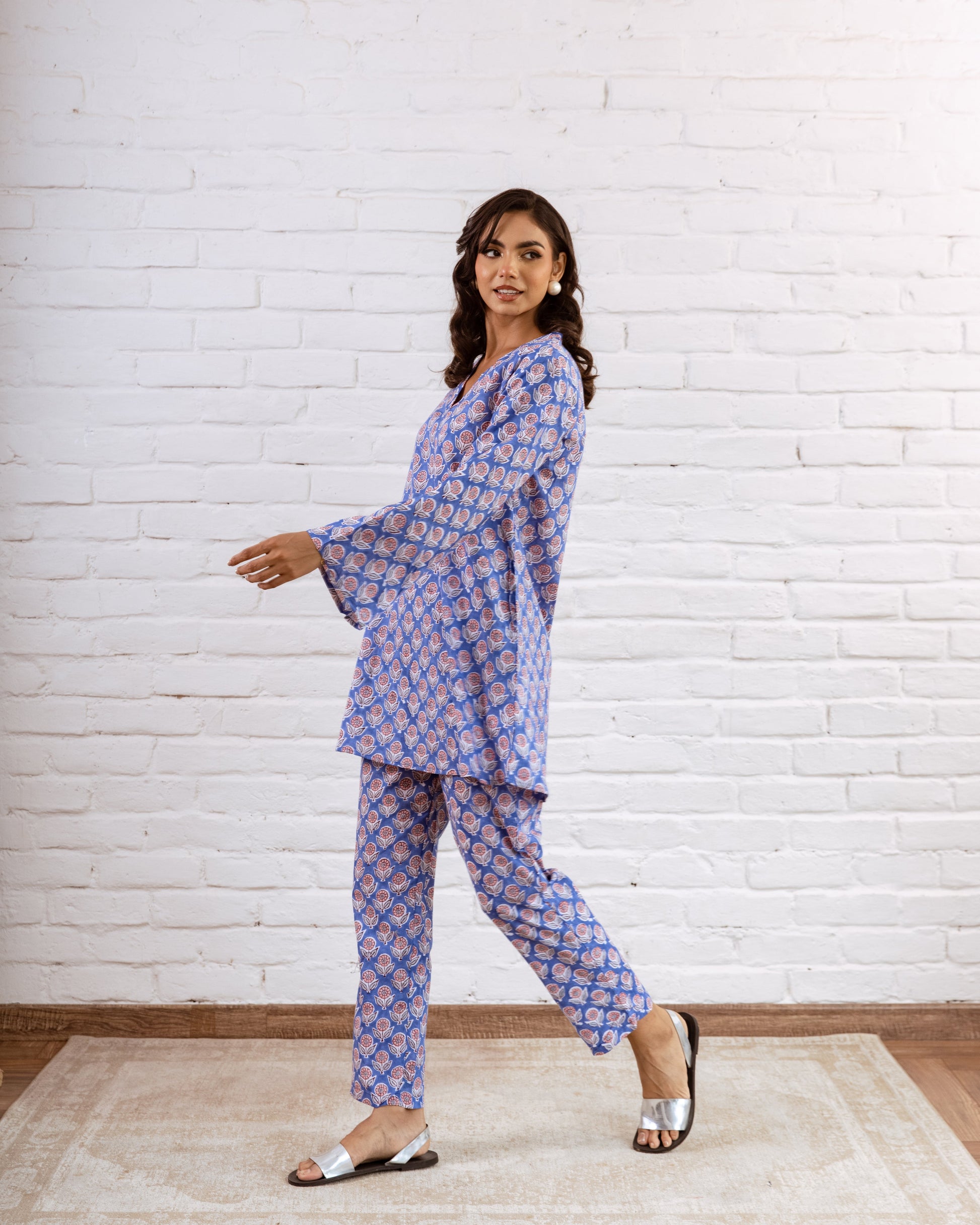 Ethereal Blue Cotton Co-ord Set with Botanical Patterns – Fresh and Stylish - Hukum Jaipur