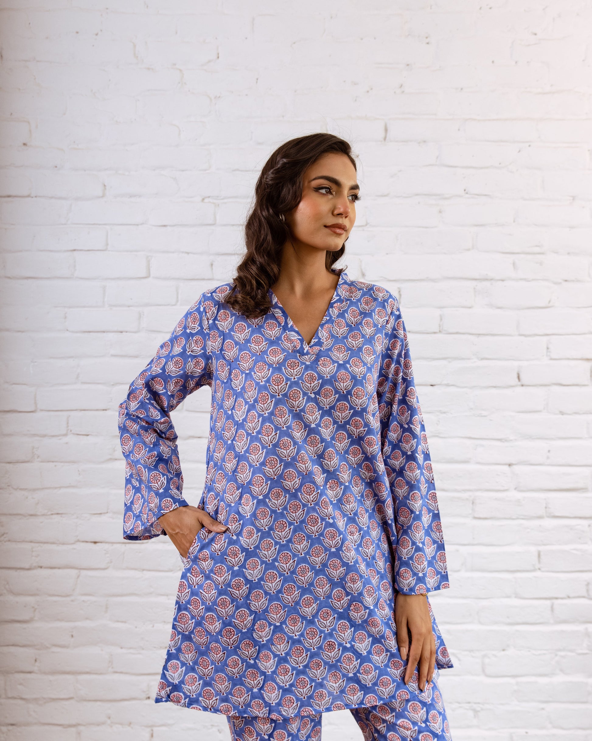 Ethereal Blue Cotton Co-ord Set with Botanical Patterns – Fresh and Stylish - Hukum Jaipur