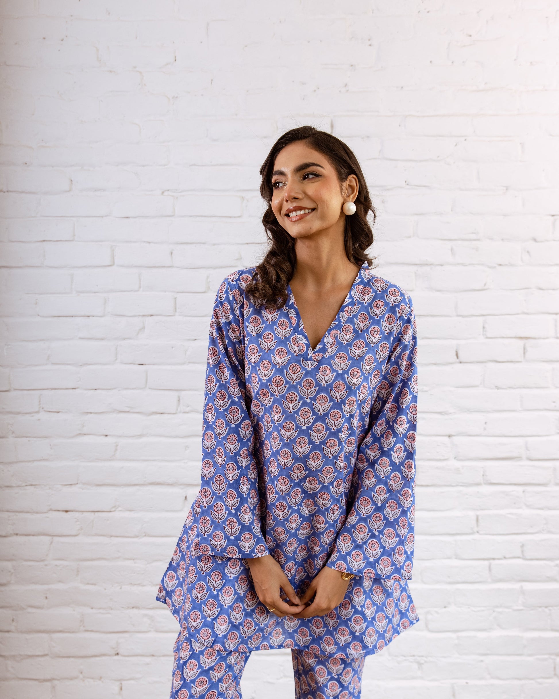 Ethereal Blue Cotton Co-ord Set with Botanical Patterns – Fresh and Stylish - Hukum Jaipur