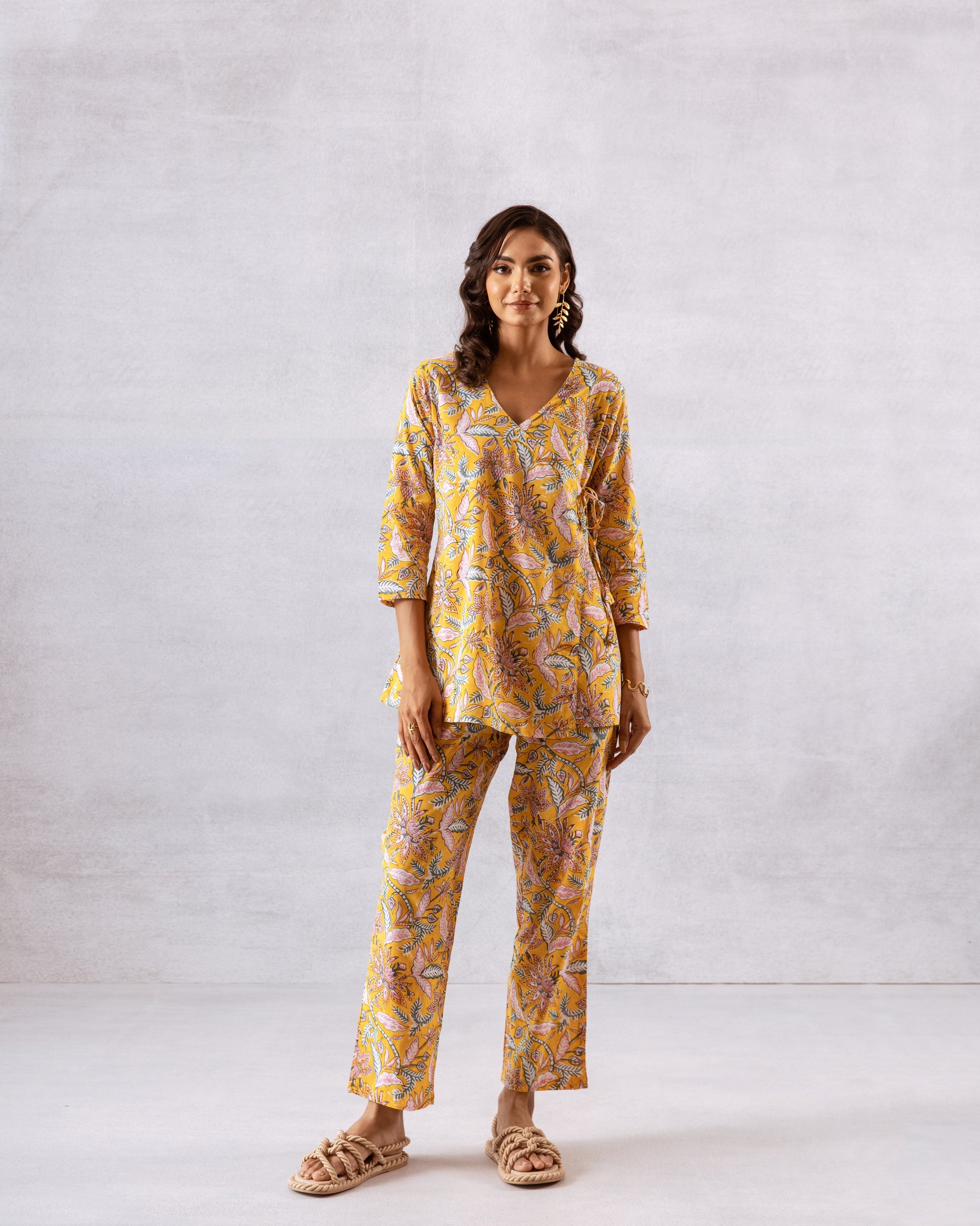 Sunny Blooms: Yellow Botanical Angrakha Cotton Co-ord Set - Hukum Jaipur