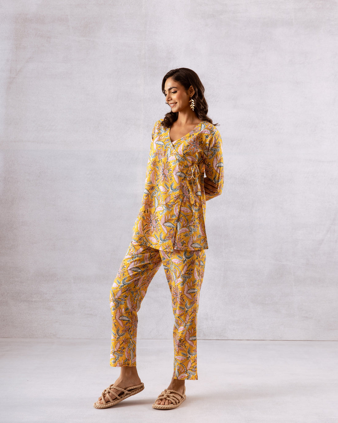 Sunny Blooms: Yellow Botanical Angrakha Cotton Co-ord Set - Hukum Jaipur