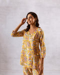 Sunny Blooms: Yellow Botanical Angrakha Cotton Co-ord Set - Hukum Jaipur