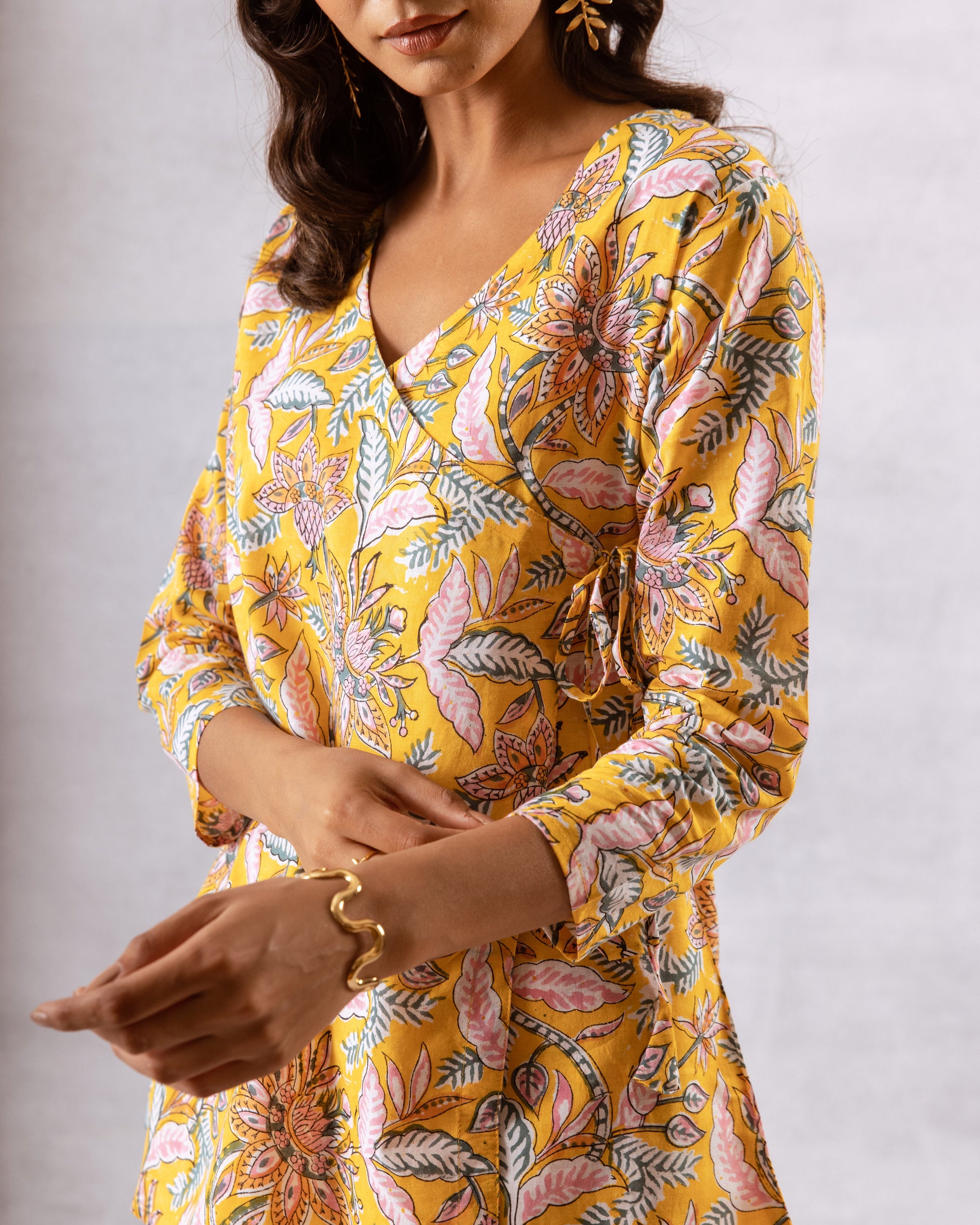 Sunny Blooms: Yellow Botanical Angrakha Cotton Co-ord Set - Hukum Jaipur