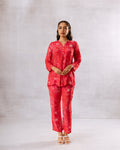 Crimson Petals: Red Minimal Floral Muslin Co-ord Set - Hukum Jaipur