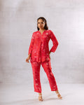 Crimson Petals: Red Minimal Floral Muslin Co-ord Set - Hukum Jaipur