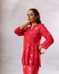 Crimson Petals: Red Minimal Floral Muslin Co-ord Set - Hukum Jaipur