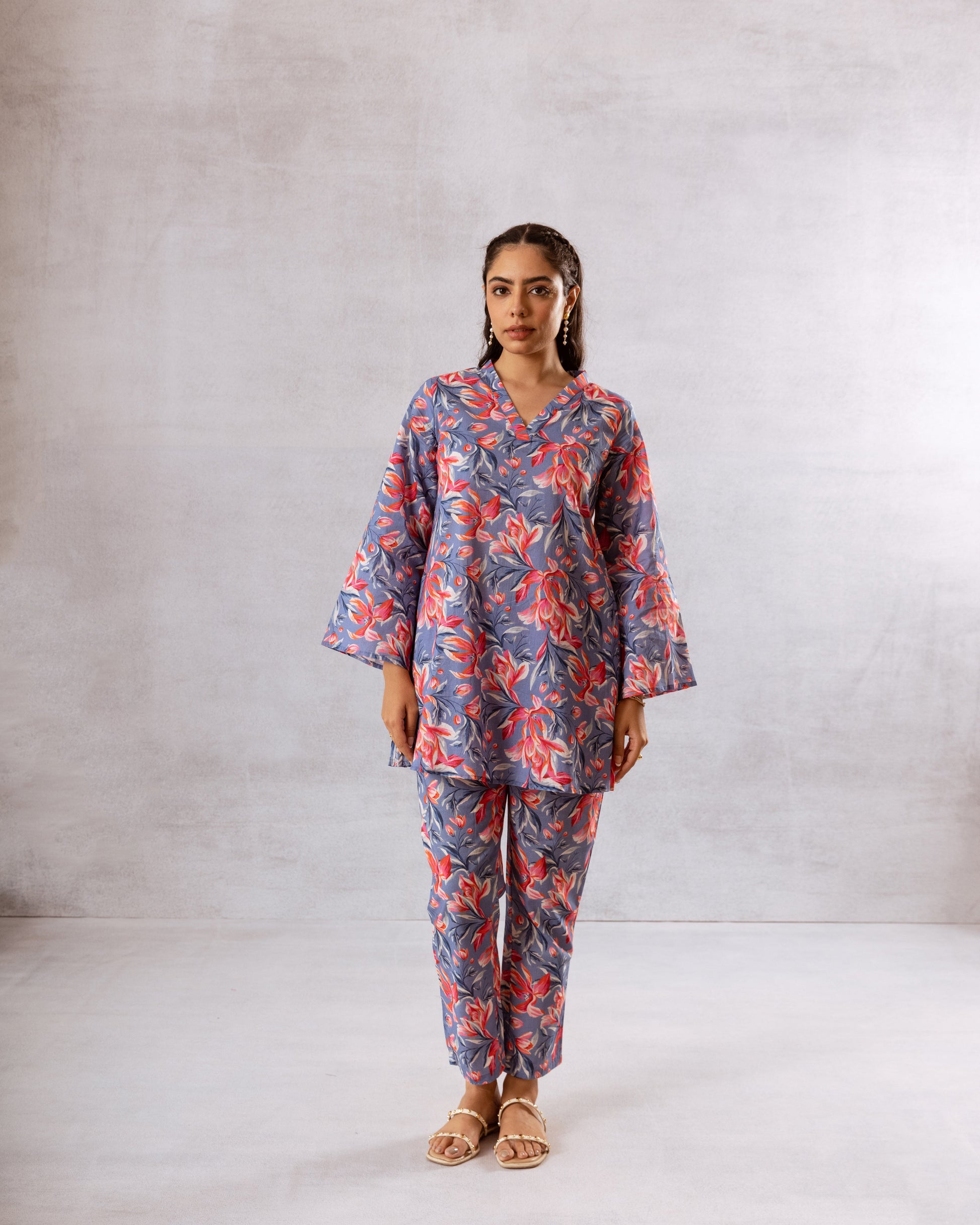 Blooming Blue: V-Neck Co-ord Set - Hukum Jaipur