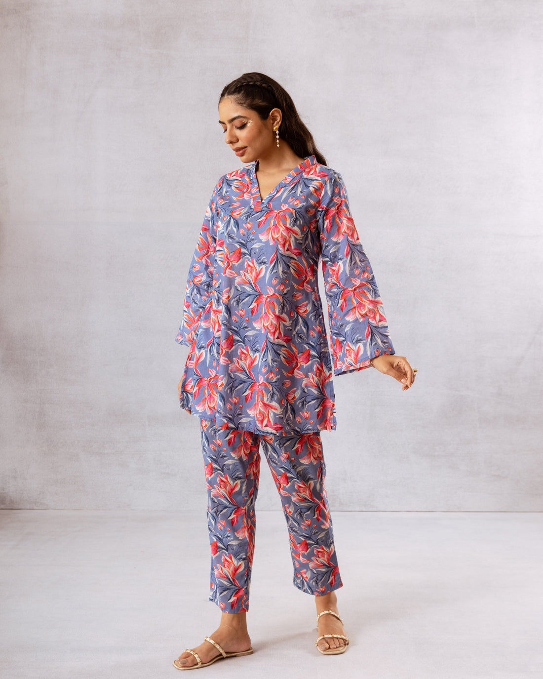 Blooming Blue: V-Neck Co-ord Set - Hukum Jaipur