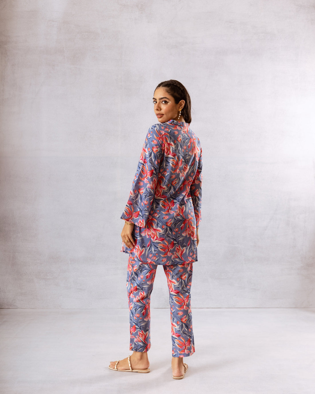 Blooming Blue: V-Neck Co-ord Set - Hukum Jaipur