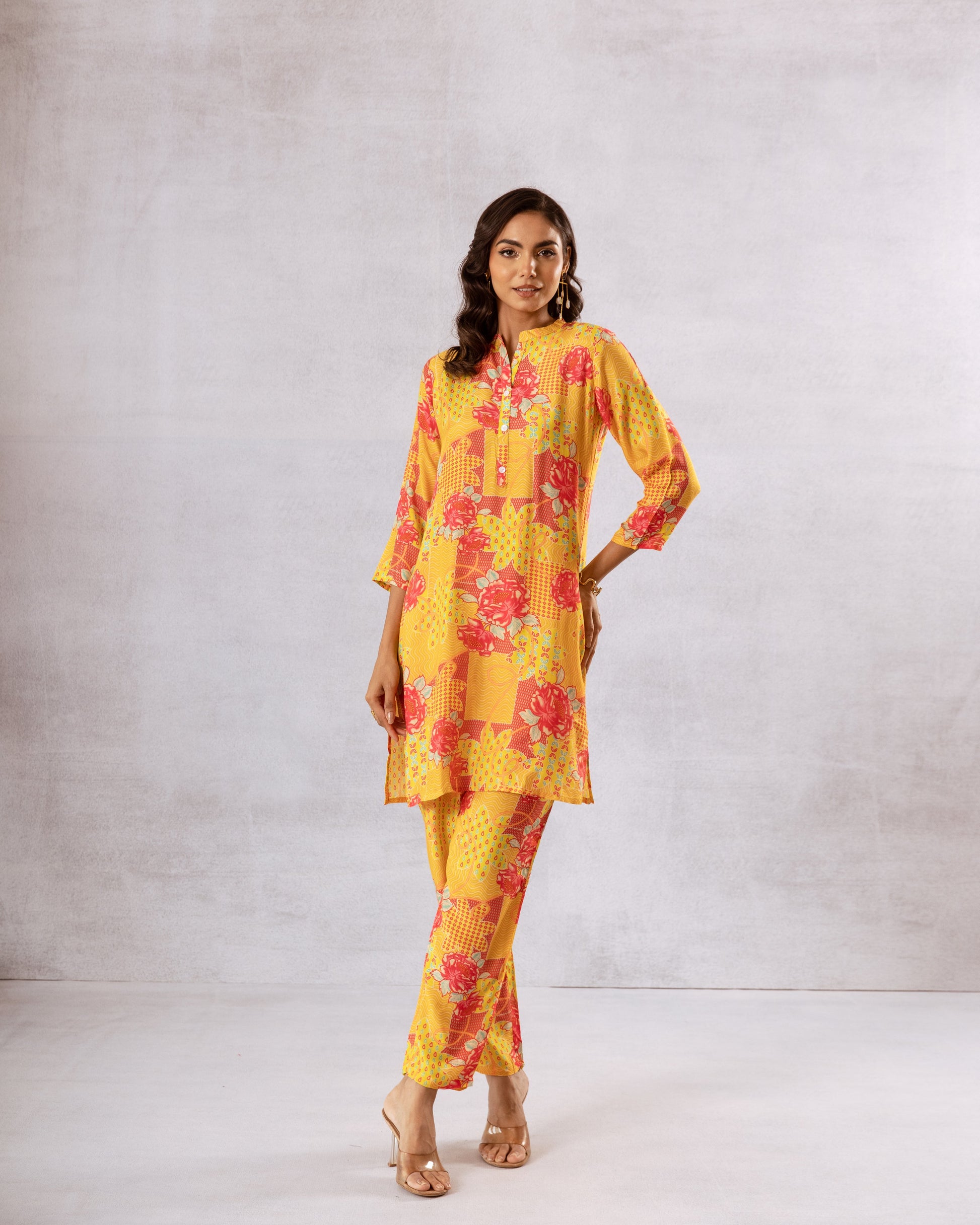 Sunlit Blooms: Yellow Floral Muslin Semi-Shirt Co-ord Set - Hukum Jaipur