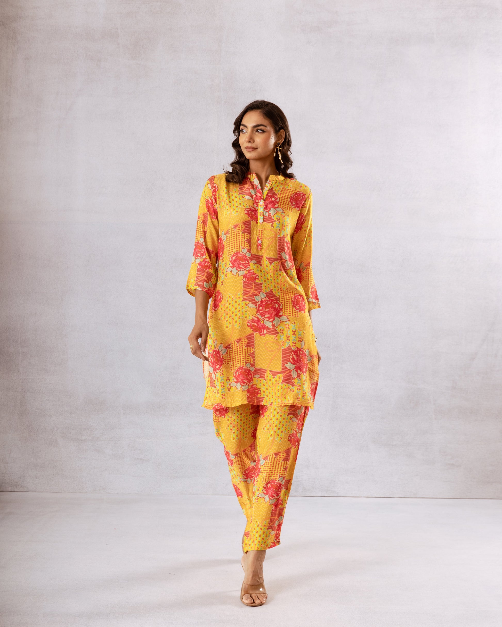 Sunlit Blooms: Yellow Floral Muslin Semi-Shirt Co-ord Set - Hukum Jaipur