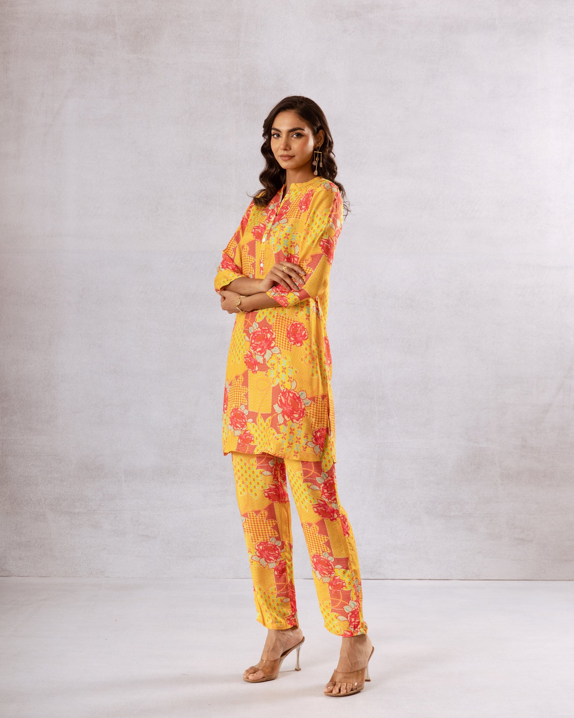 Sunlit Blooms: Yellow Floral Muslin Semi-Shirt Co-ord Set - Hukum Jaipur