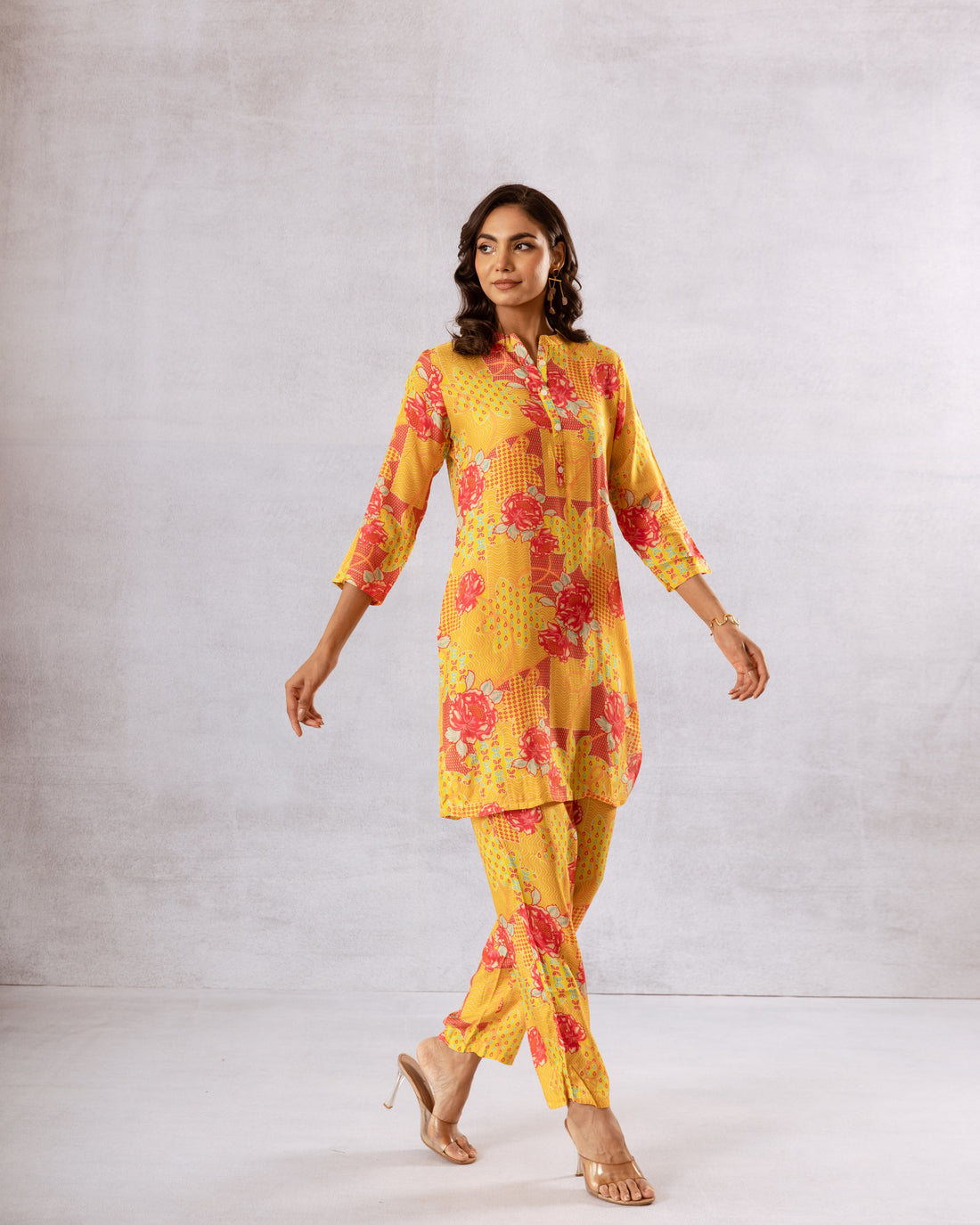 Sunlit Blooms: Yellow Floral Muslin Semi-Shirt Co-ord Set - Hukum Jaipur