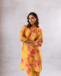 Sunlit Blooms: Yellow Floral Muslin Semi-Shirt Co-ord Set - Hukum Jaipur