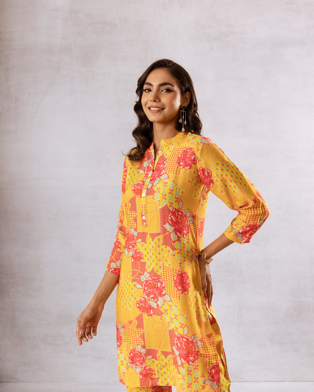 Sunlit Blooms: Yellow Floral Muslin Semi-Shirt Co-ord Set - Hukum Jaipur