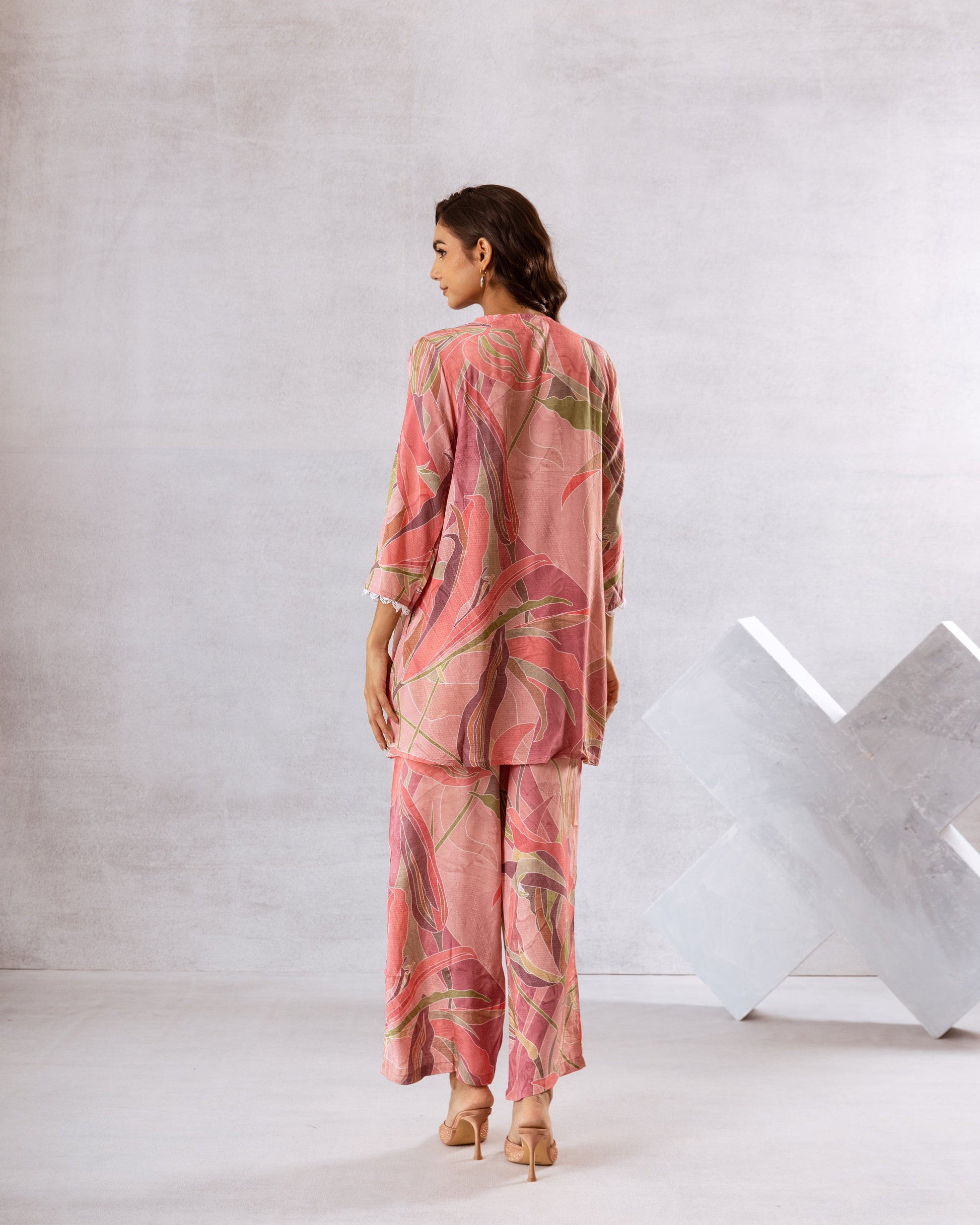 Delicate Pink Leafy Print Muslin Co-ord Set - Hukum Jaipur