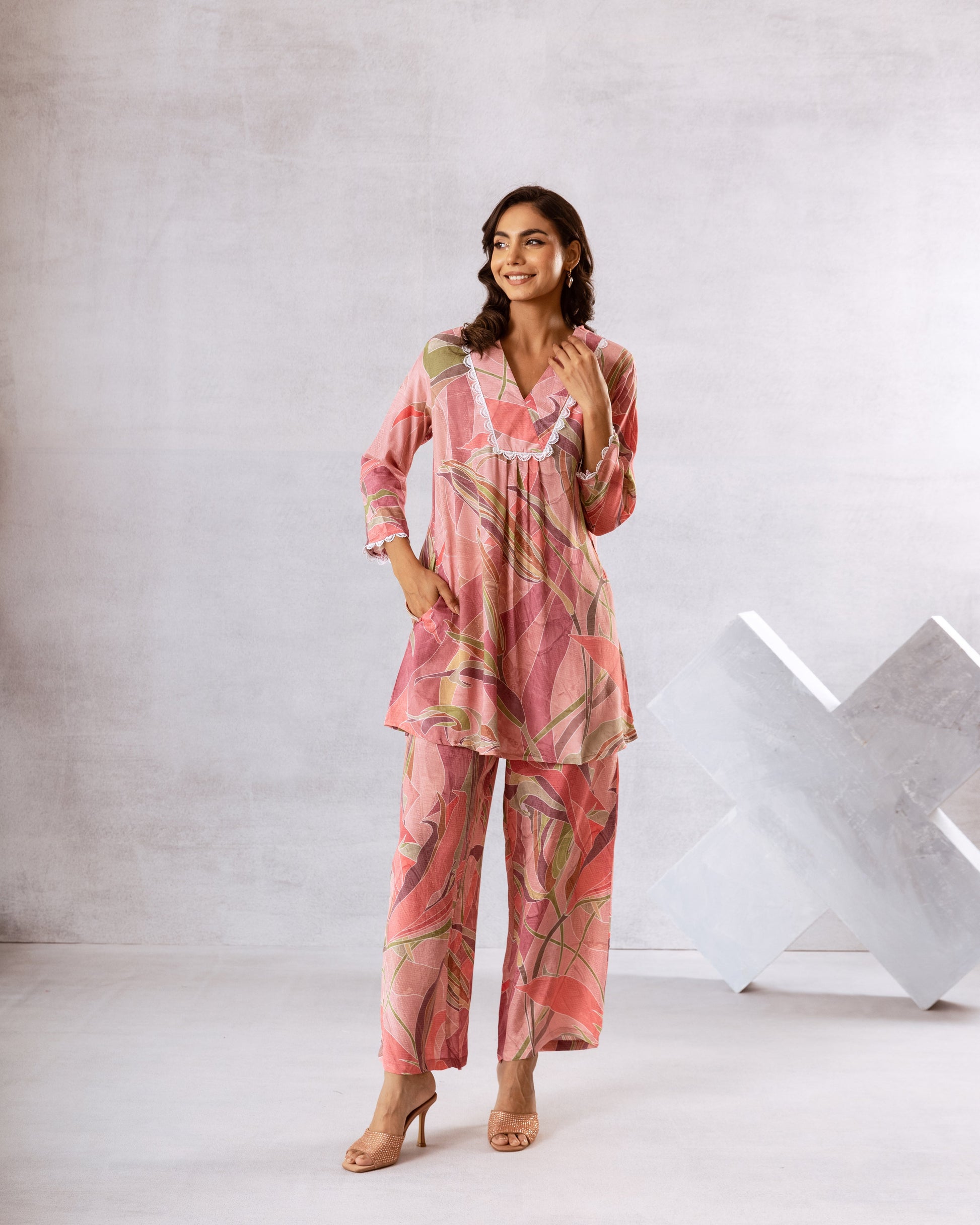 Delicate Pink Leafy Print Muslin Co-ord Set - Hukum Jaipur