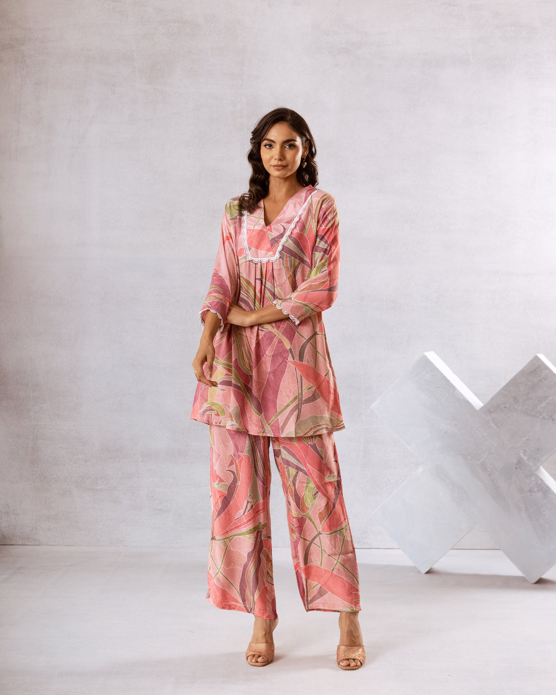 Delicate Pink Leafy Print Muslin Co-ord Set - Hukum Jaipur