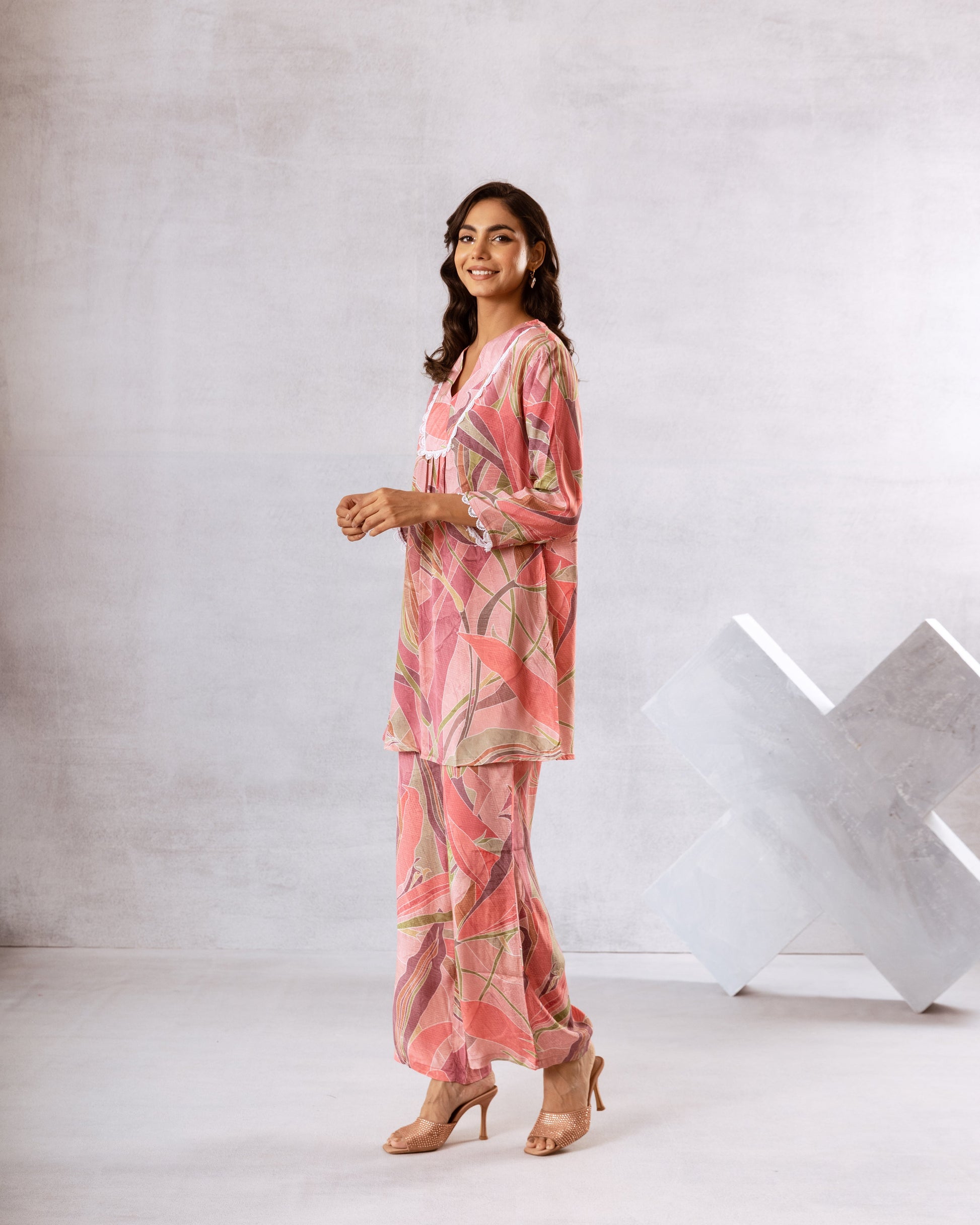 Delicate Pink Leafy Print Muslin Co-ord Set - Hukum Jaipur