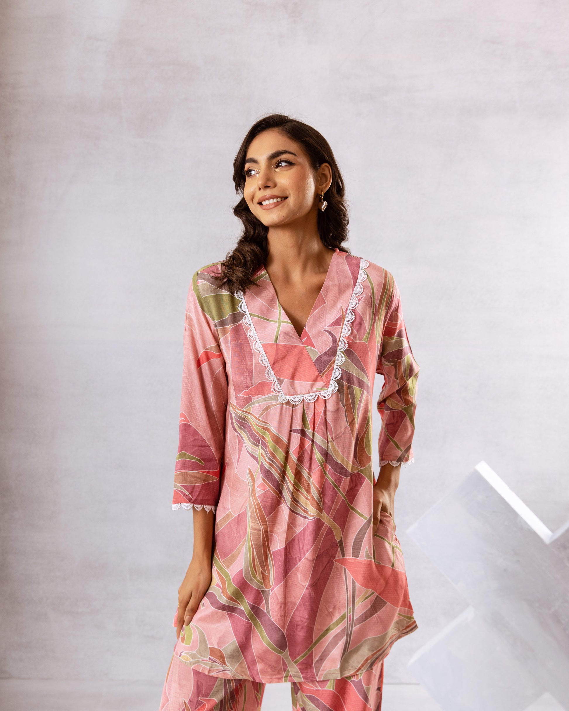 Delicate Pink Leafy Print Muslin Co-ord Set - Hukum Jaipur