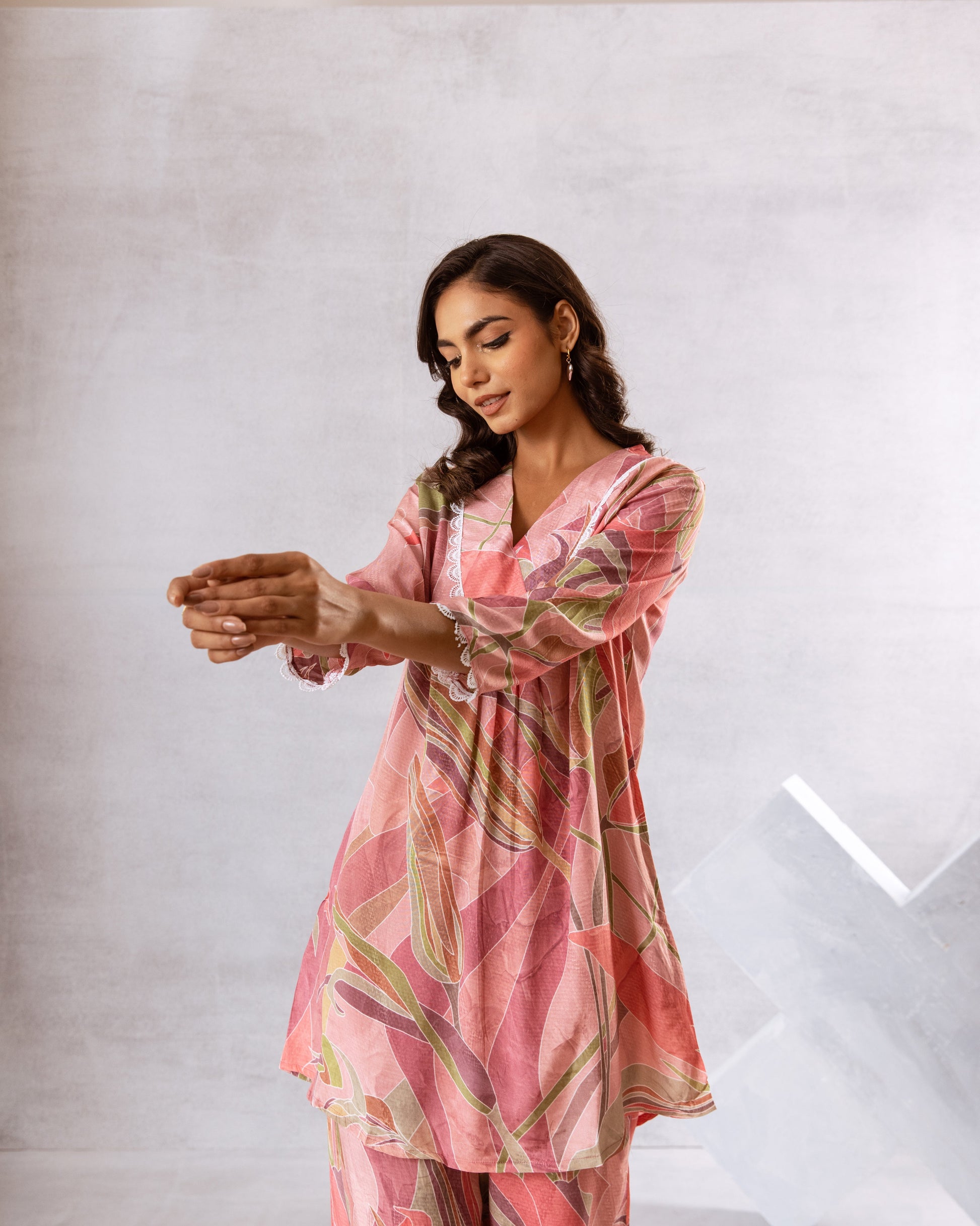 Delicate Pink Leafy Print Muslin Co-ord Set - Hukum Jaipur