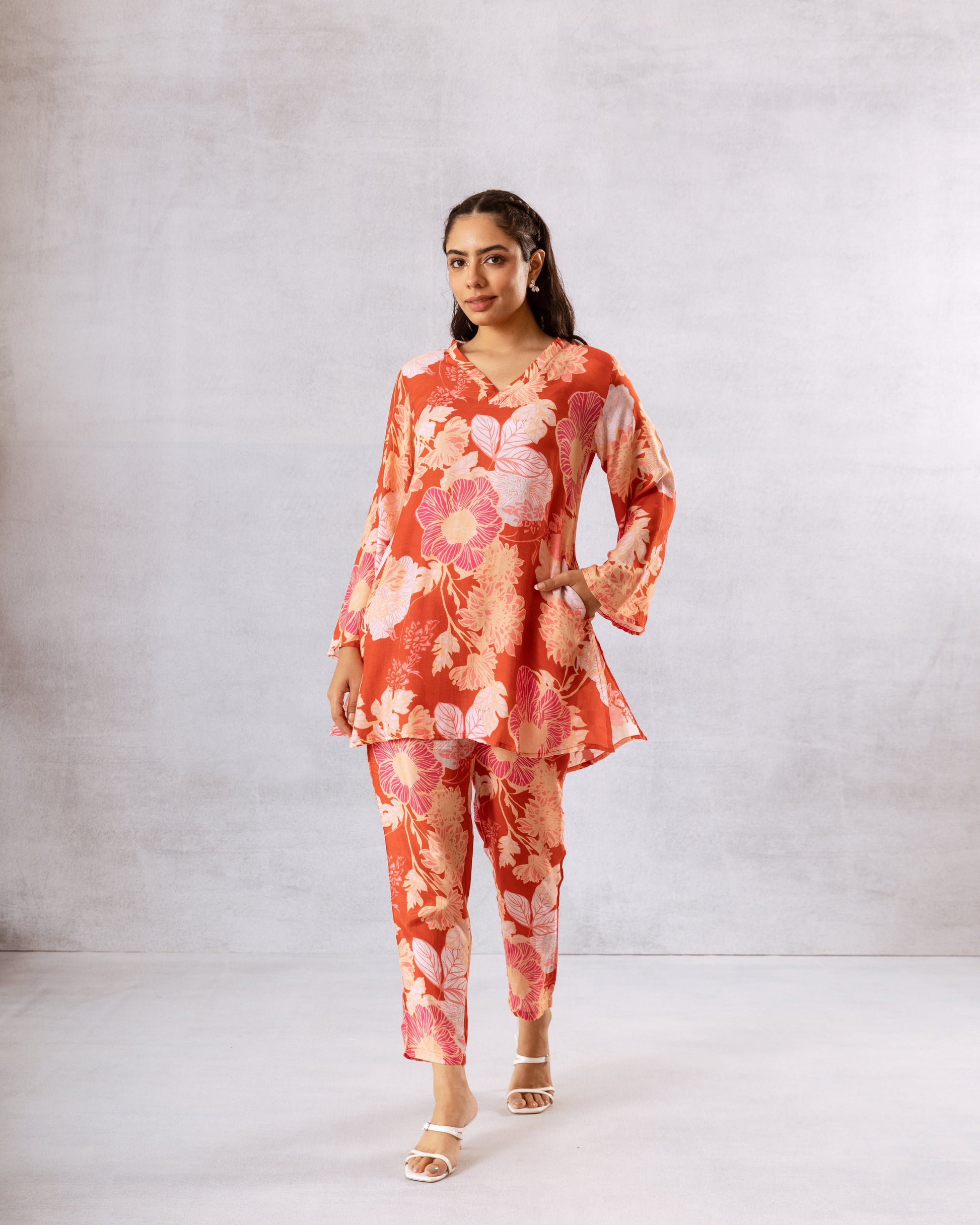 Earthy Brown Big Floral Muslin Co-ord Set – Rustic Charm - Hukum Jaipur