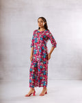 Midnight Blooms: Multi-Color Flower on Black Muslin Co-ord Set - Hukum Jaipur