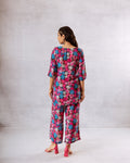 Midnight Blooms: Multi-Color Flower on Black Muslin Co-ord Set - Hukum Jaipur