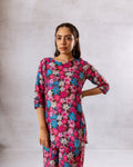 Midnight Blooms: Multi-Color Flower on Black Muslin Co-ord Set - Hukum Jaipur