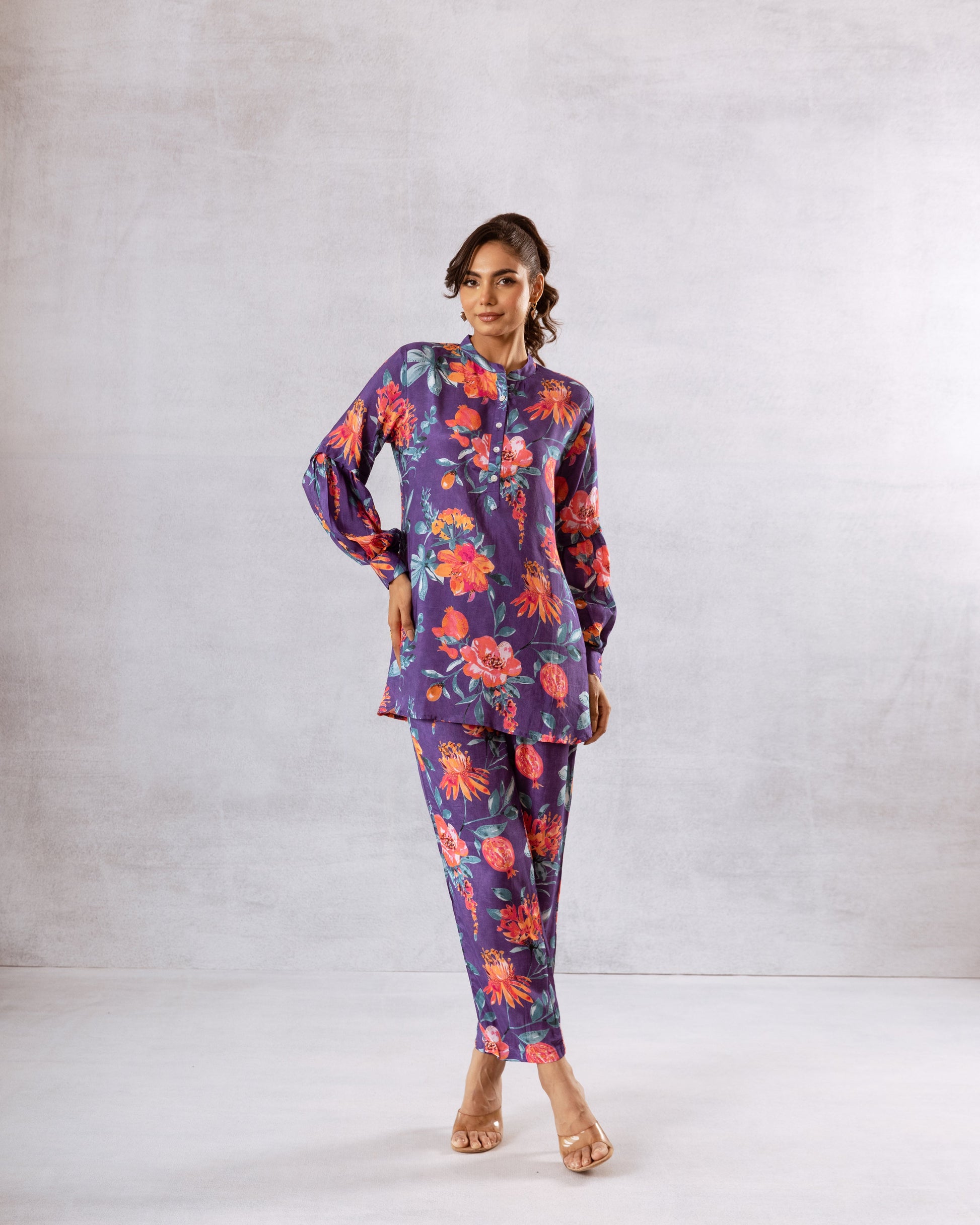 Majestic Purple Muslin Floral Co-ord Set - Hukum Jaipur